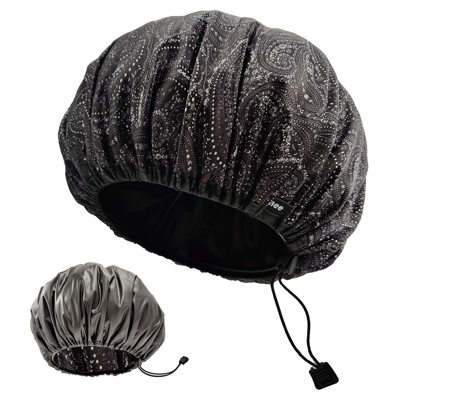 Naee Adjustable Satin Bonnet Cap Hair cover Extra Large Reusable Reversible Shower Cap Waterproof For Women Long Hair Sleep Hat Black Paisley