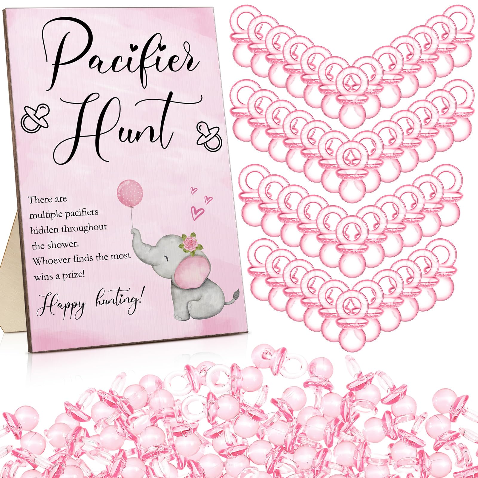 Roowest 51 Pcs Elephant Pacifier Hunt Baby Shower Game Include Wooden Pacifier Hunt Sign 50 Acrylic Pacifiers for Gender Reveal Party Games Favors