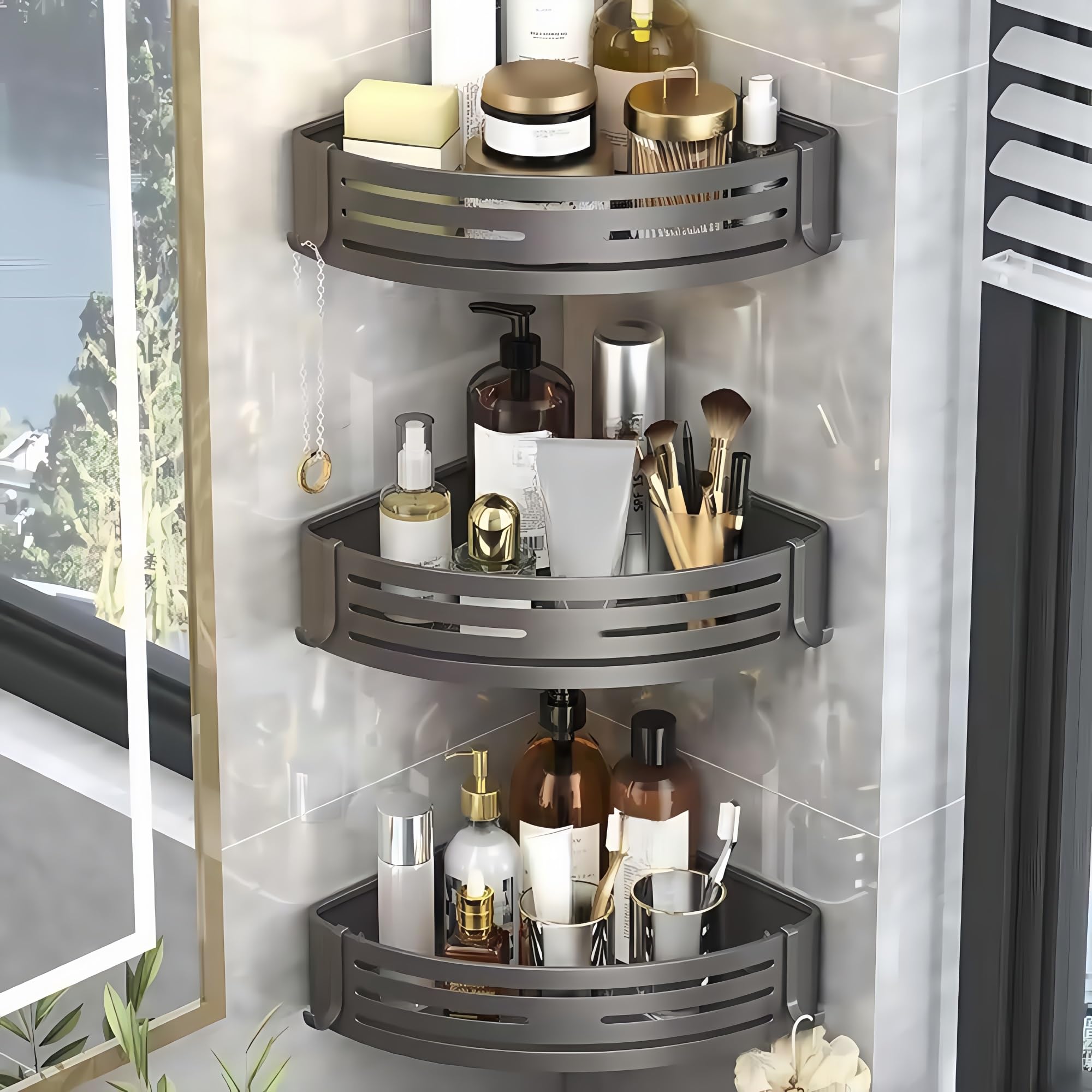 Duschregal Eckduschregal Badezimmer Eckregal Duschablage Duschablage Bohrfrei Duschregal (Grau, 3