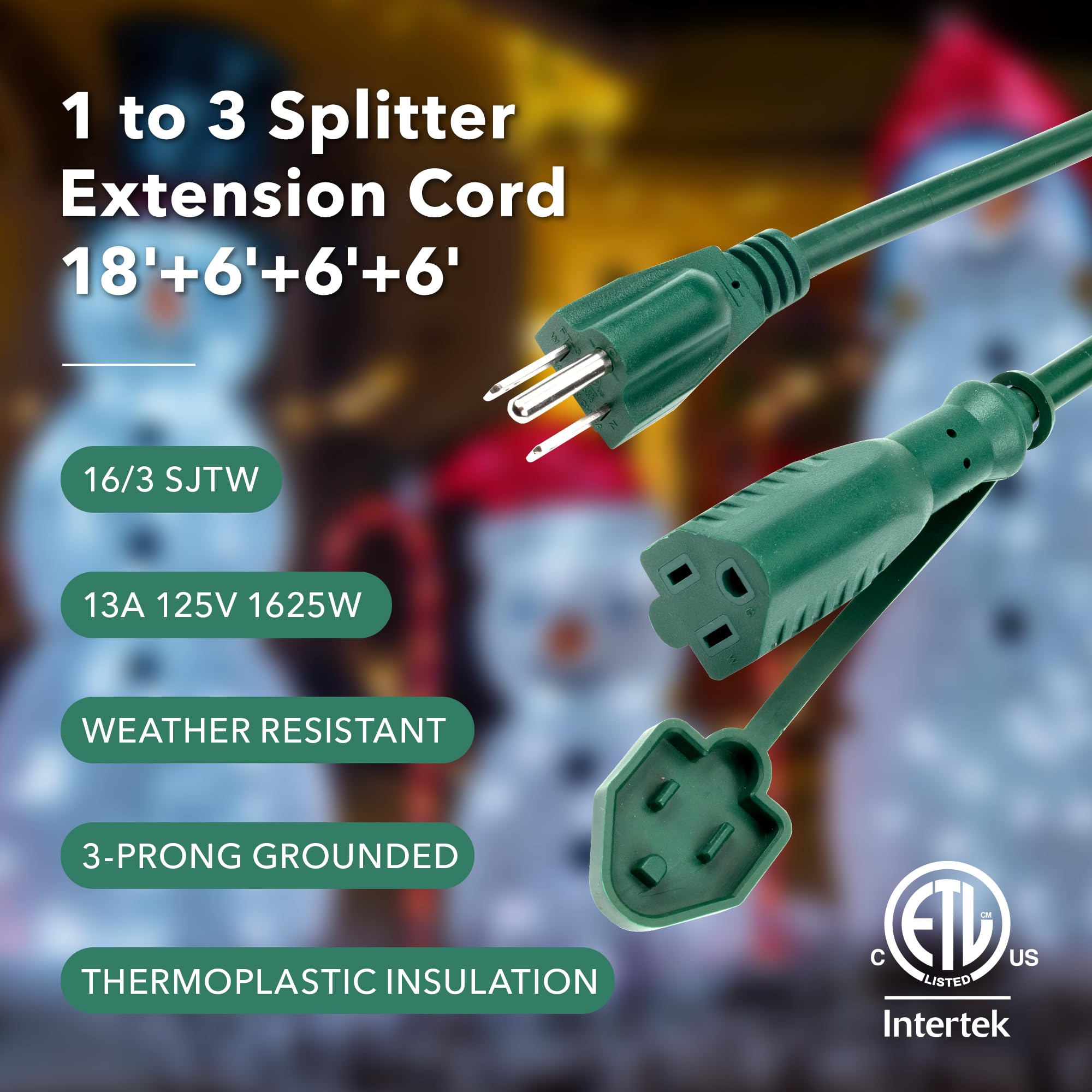 BN-Link Cable de Extensión para Exteriores, Divisor 1 a 3, extensión máxima de 24 pies (36 pies en Total), 16/3 SJTW Resistente, Verde, Conexión a Tierra, para Iluminación y Decoraciones, ETL