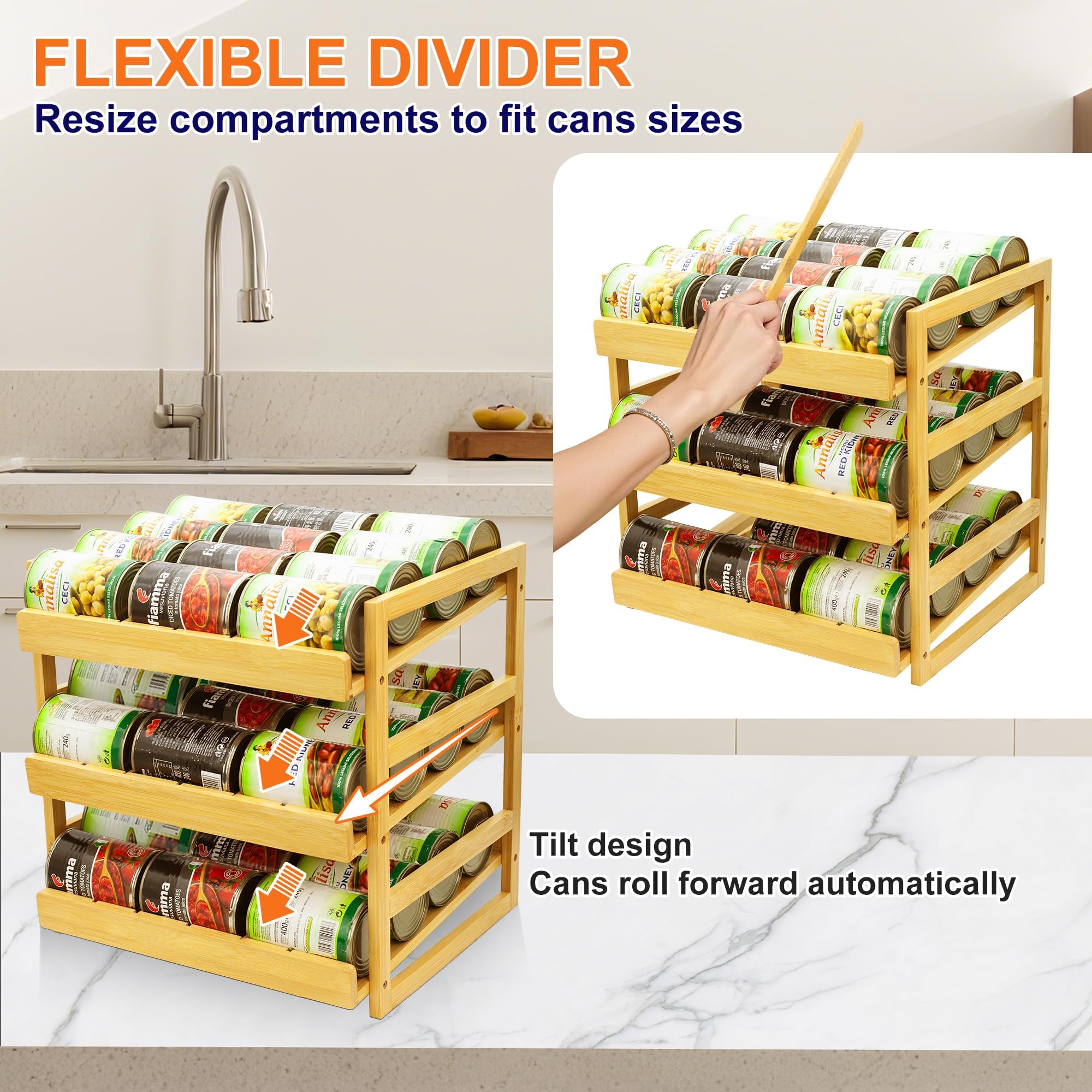 MinBoo Organizador de latas de bambú para despensa, estante apilable para 36 latas, almacenamiento de alimentos enlatados, estante de despensa, armario de cocina o encimera