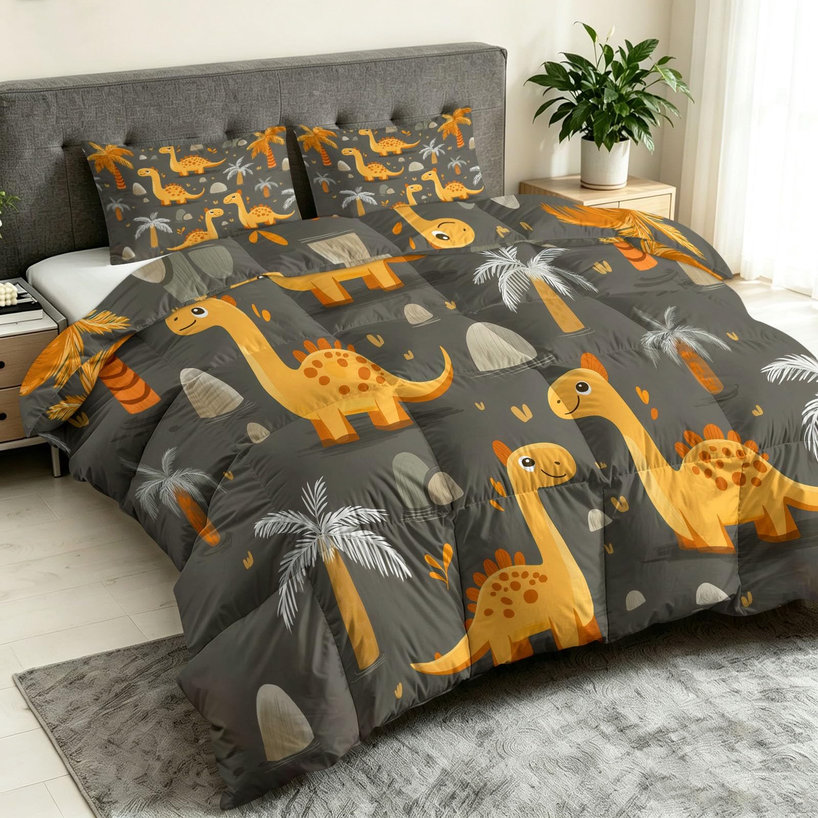 Urocza kołdra z kreskówki, 135 x 200 cm, na 4 pory roku, dwustronna, motyw skał, palm, motyw dinozaurów, palm, przyjazna dla skóry, miękka kołdra całoroczna z 2 poszewkami na poduszki 80 x 80 cm
