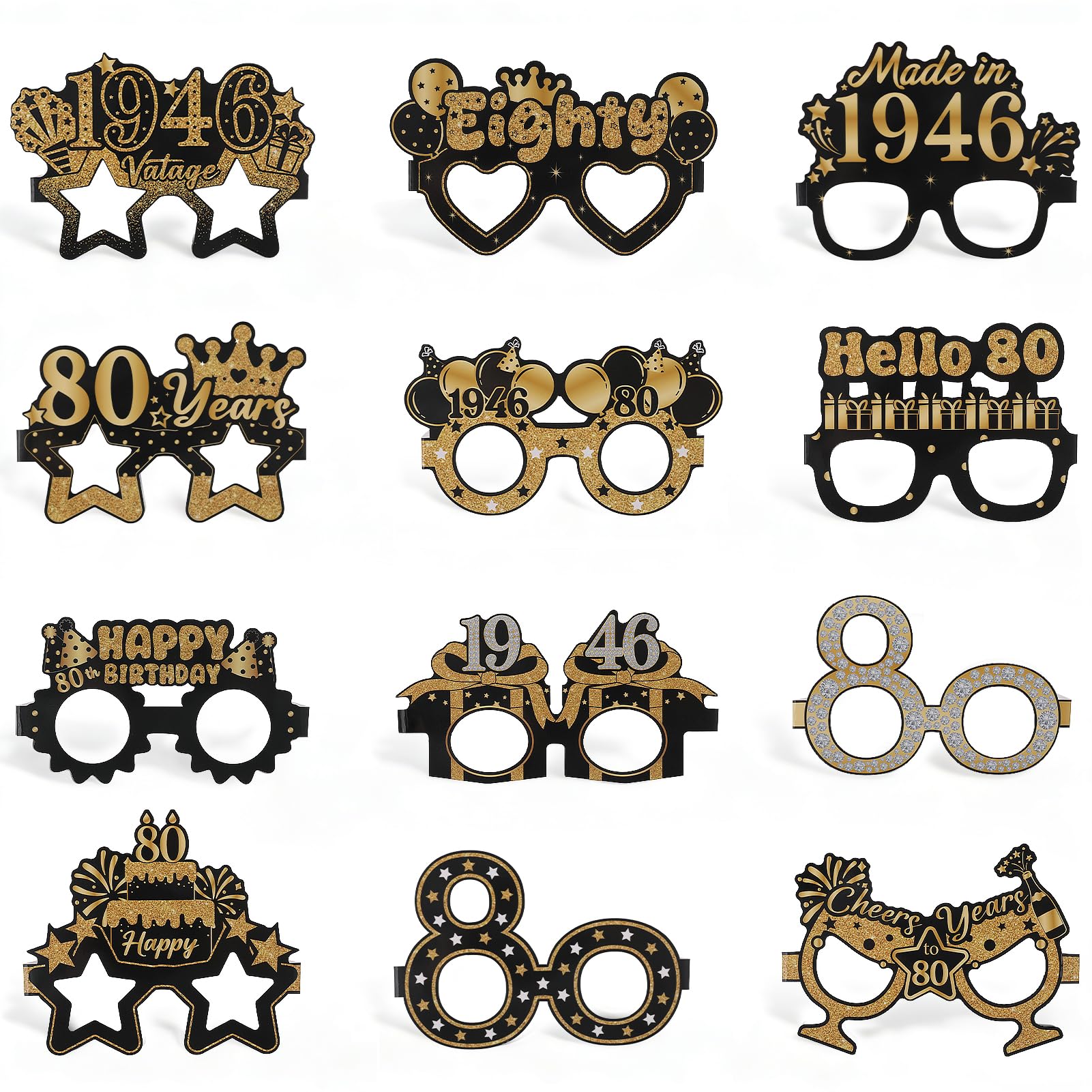 saerryor 24 Pcs 80th Birthday Glasses Happy Birthday Glasses 80th Birthday Decorations for Women Men Gold Black Birthday Sunglasses Photo Booth Props 80th Party Decorations
