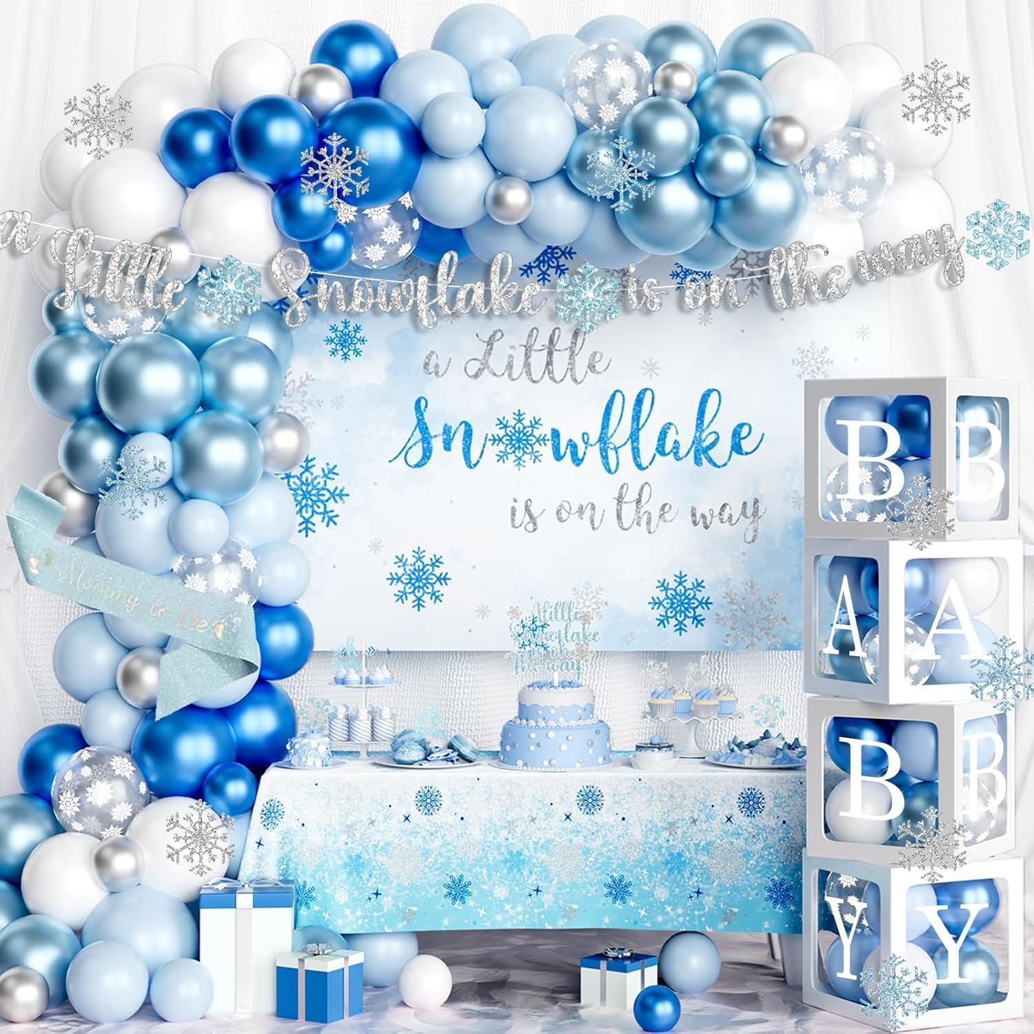 Winter Snowflake Baby Shower Decorations Blue, Winter Wonderland Baby Shower for Boy - A Little Snowflake Is on the Way Backdrop Balloon Banner Tablecloth Box Sash for Blue Winter Party Décor