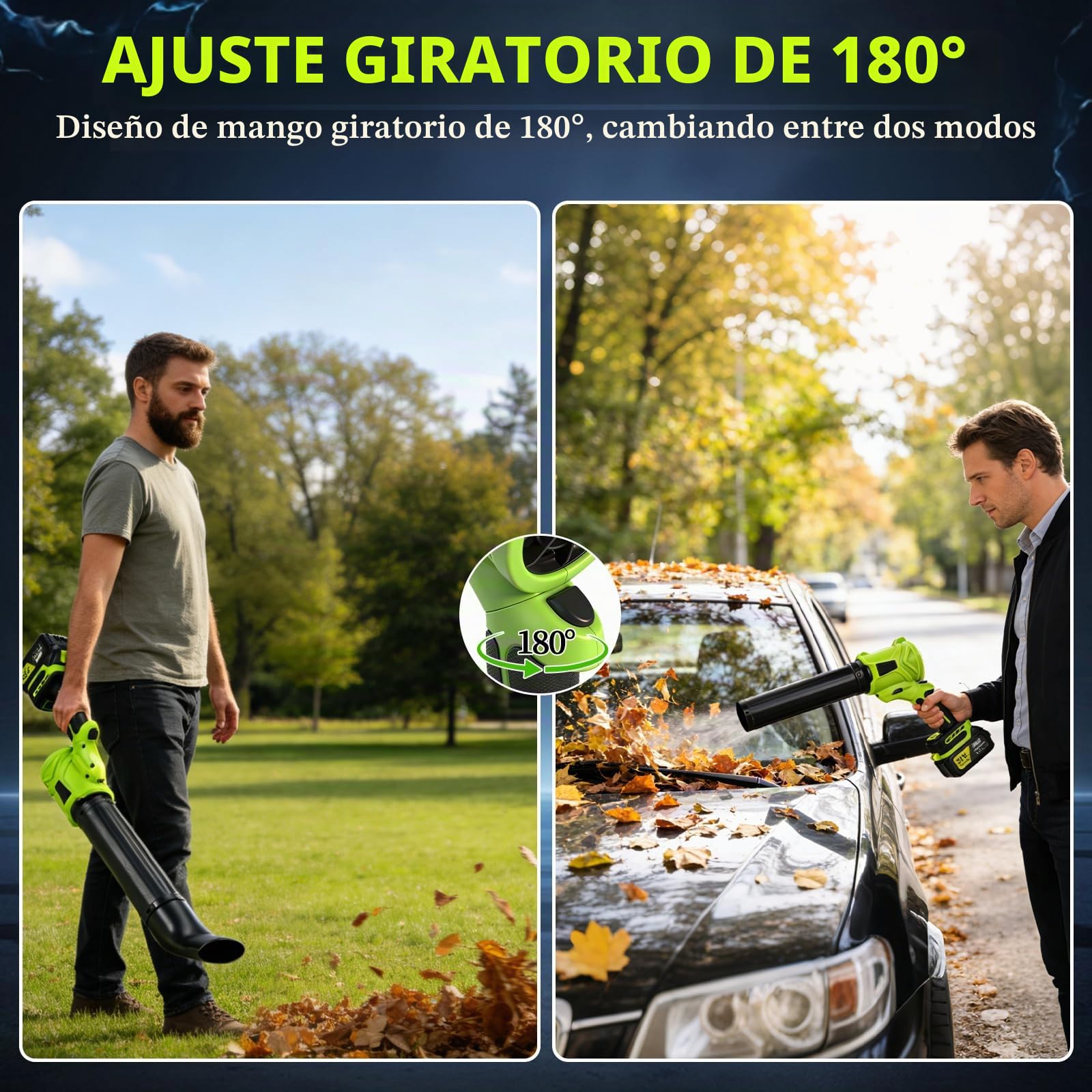 Soplador de Hojas, Soplador Turbo Jet, Soplador de Aire Potente con 2 Baterías 980000 RPM, 6 Velocidades, Mango Giratorio de 180°,Ideal para Jardín, Coche, Patio, Nieve y Camping