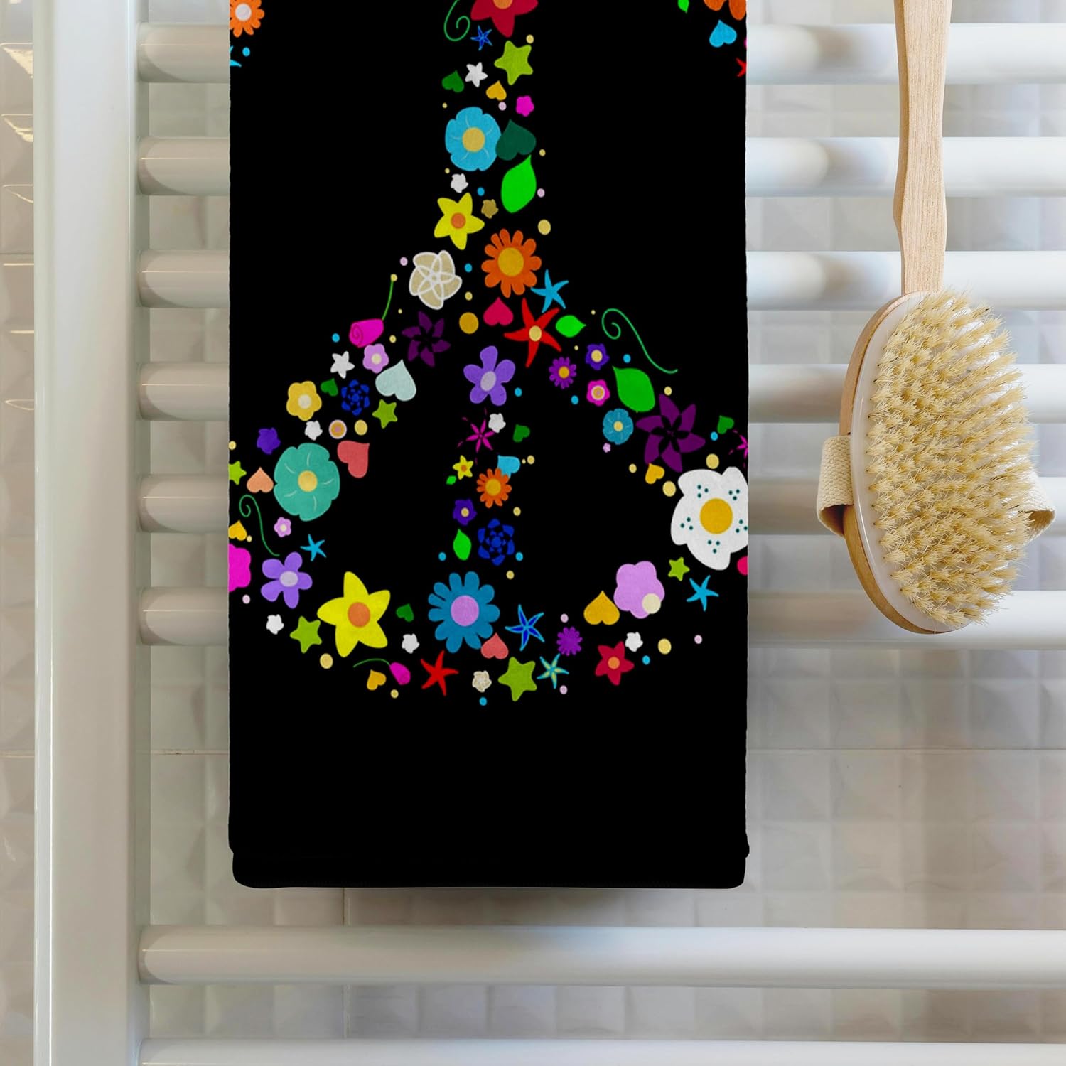 3dRose Floral Peace Symbol - Flowery Hippy or Hippie Sign - Flower Power - Colorful Flowers - on Black 22x30 Bath Hand Pool Towel