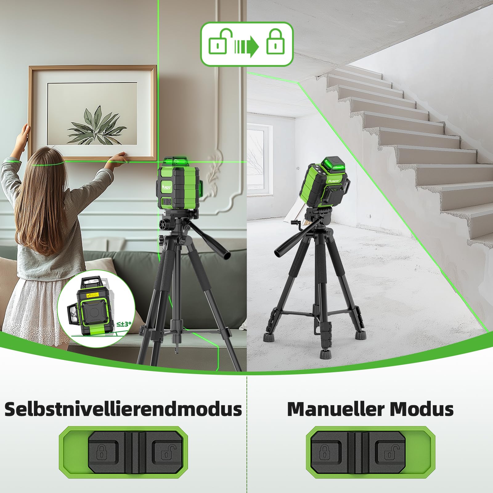 Huepar Kreuzlinienlaser 360 grün, selbstnivellierend, wiederaufladbar, Laser Wasserwaage 3x360°, 3D-Nivelliergerät für Bauarbeiten, mit starker Magnethalterung und robustem Transportkoffer – HM03CG