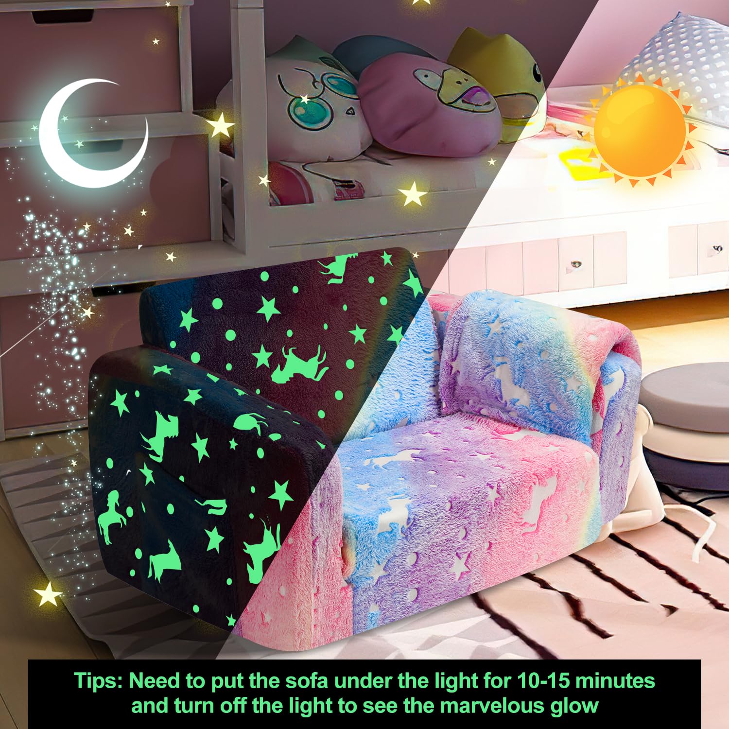 Kirumie Glow in The Dark Colorful Rainbow Couch with Blanket, Kids Sofa Toddlers Sofa, Children 2 in 1 Convertible Sofa to Lounger, Flip Open Chair & Sleeper, Sofa Bed Toddler Chairs for Girls
