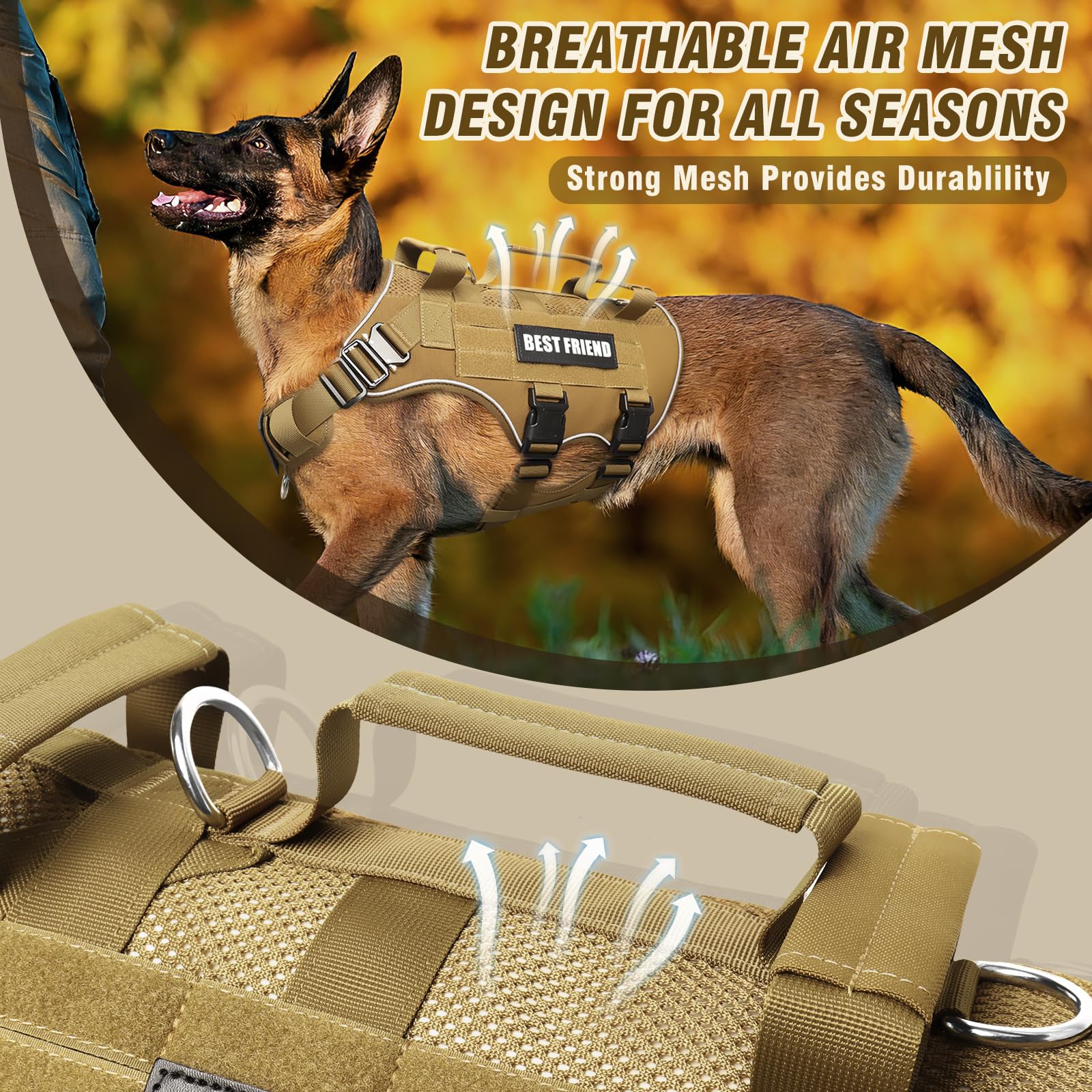 Arnés táctico para perro de tamaño mediano con hebillas de metal, chaleco de malla de aire transpirable, arnés militar Molle con 3 asas duraderas para entrenamiento, senderismo, caza, trabajo