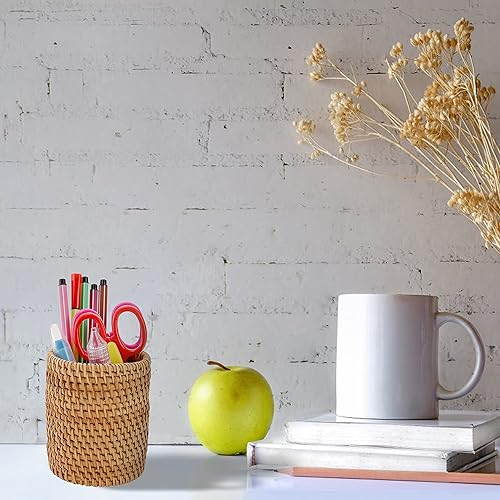 Miniatura 6 de Okllen Paquete de 2 soportes para lápices de ratán, hecho a mano, soporte de mimbre para brochas de maquillaje, organizador de escritorio tejido de