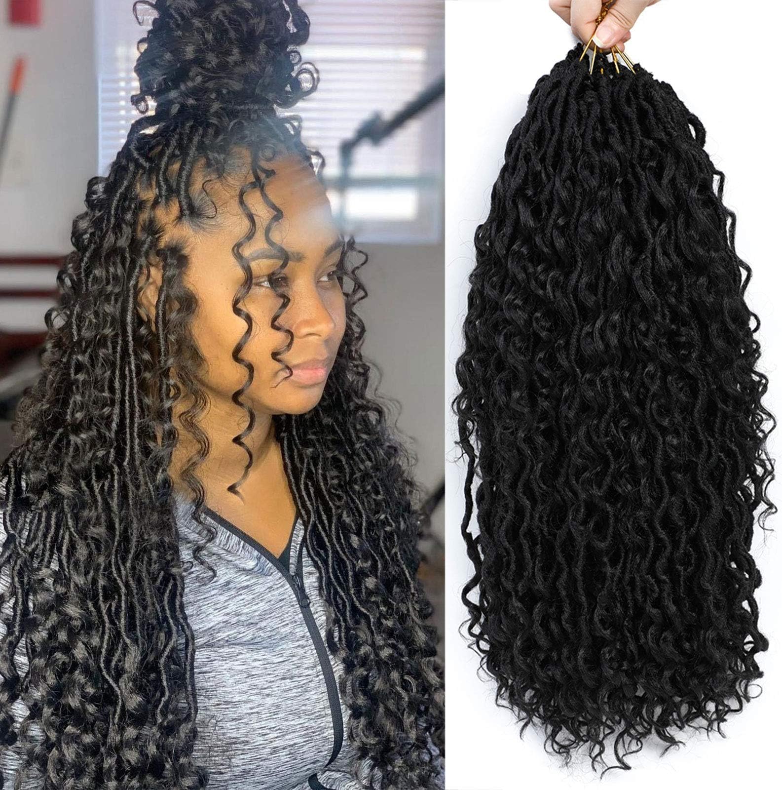 CLIONE New Goddess Locs Crochet Hair 22 ines 5 Packs (120 strands) River Locs Boho Faux Locs Crochet Hair Wavy Crochet With Curly Hair In Middle And Ends Goddess Faux Locs Synthetic Hair Extension 1B