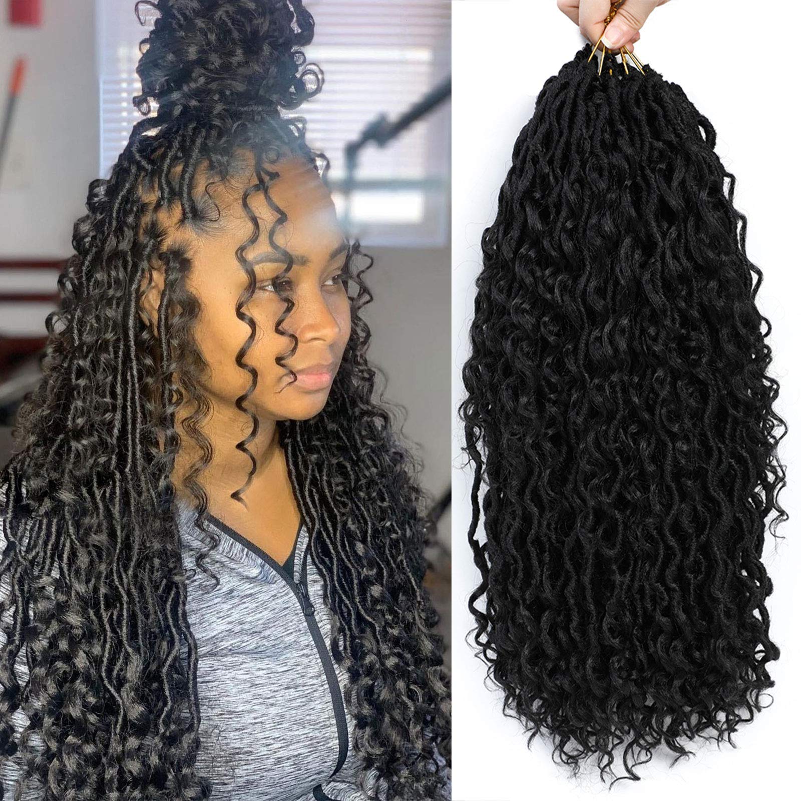 CLIONE New Goddess Locs Crochet Hair 22 ines 5 Packs (120 strands) River Locs Boho Faux Locs Crochet Hair Wavy Crochet With Curly Hair In Middle And Ends Goddess Faux Locs Synthetic Hair Extension 1B