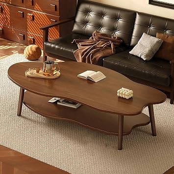 2 Tier Cloud Shape Wooden Coffee Table,Modern Irregular Center Table with Storage,Simple End Tables with Sturdy Legs for Livingroom Bedroom39.3" W x 19.6" D x 19.6" H, Walnut
