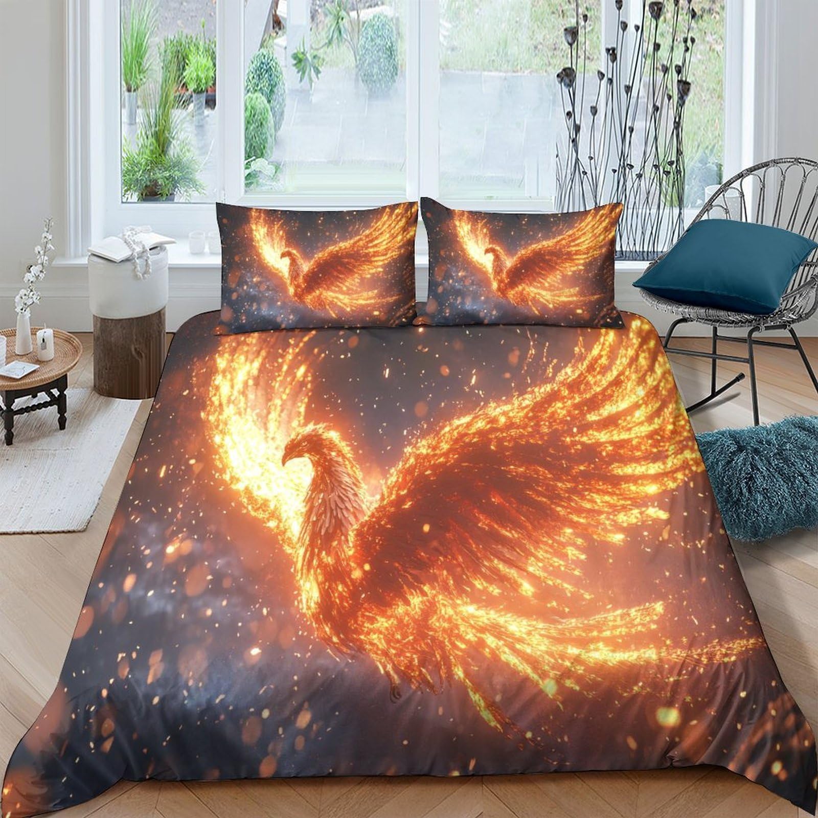 Ctjqhvkz Style-7 3D Printed Fiery Phoenix Fitted Sheet Microfiber Soft Breathable Flame Bird Bed Cover For Bedroom Dorm Decor Mattress Protection Single（135X200cm）