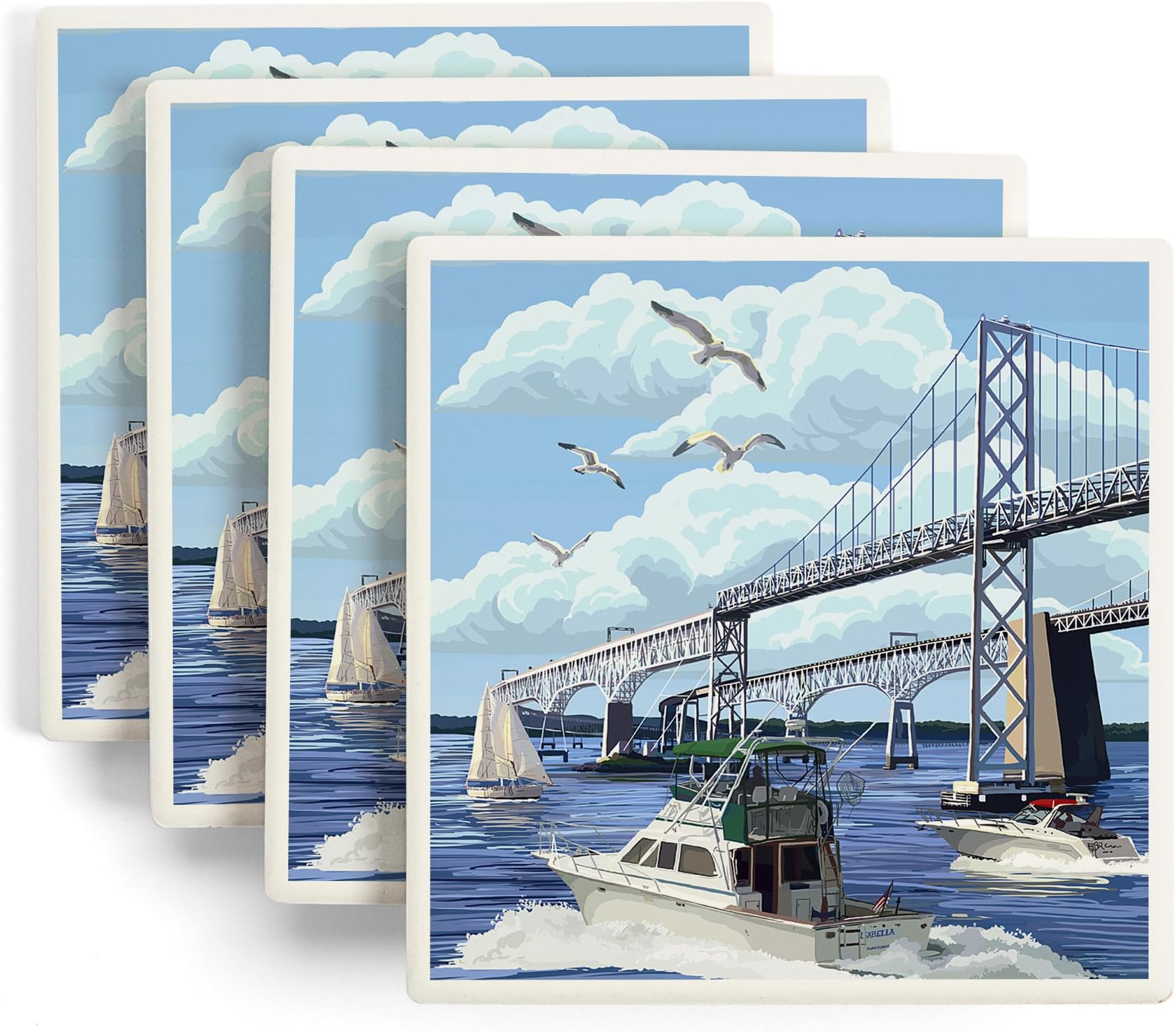 Lantern Press Maryland, Chesapeake Bay Bridge (Absorbent Ceramic Coasters Set of 4 Matching Images, Cork Back, Kitchen Table Decor)