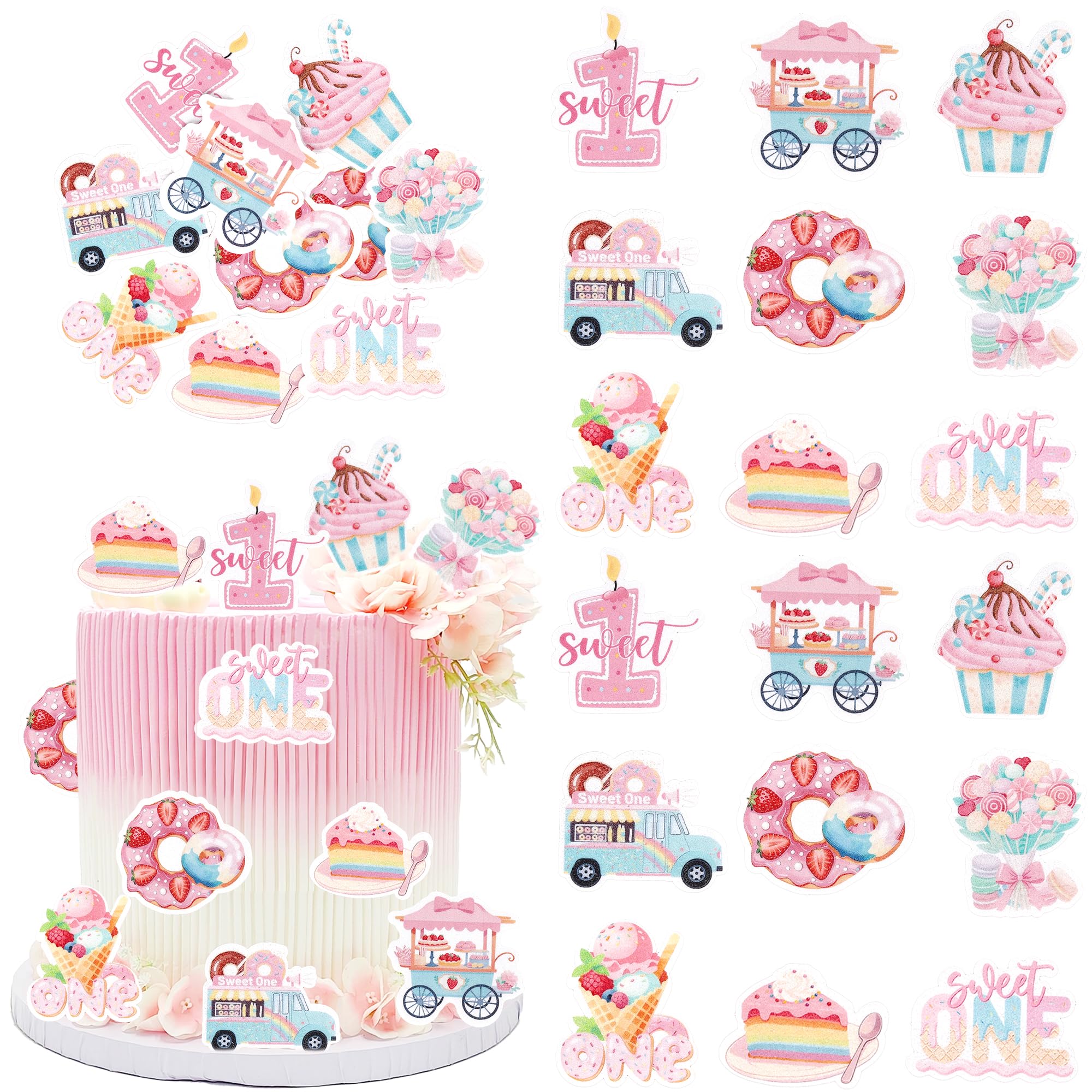 SYKYCTCY 63 Pack Edible Sweet One Cupcake Toppers Donut Flowers ice Cream Dessert Cart Cupcake Picks Donut 1st Birthday Party Decorations for Baby Shower Girls Birthday Party Cake Decorations Supplies โ image 1