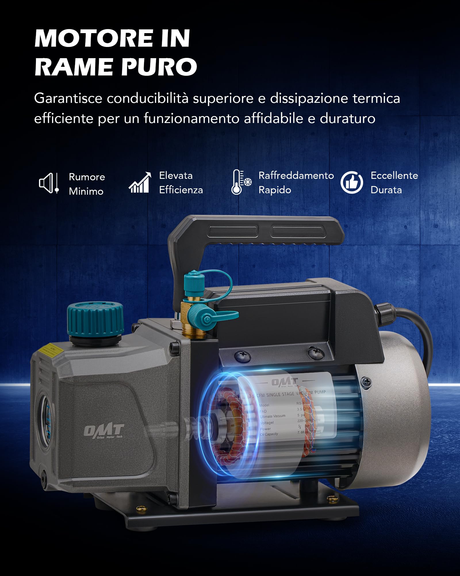 Orion Motor Tech Pompa Vuoto da 3,5 CFM e 1/4 hp, 186W Pompa per Vuoto Monostadio HVAC per R12 R22 R134a R410a R1234yf Pompa a Vuoto per Condizionatori per Auto Degasaggio Resine e Altro, Olio Incluso