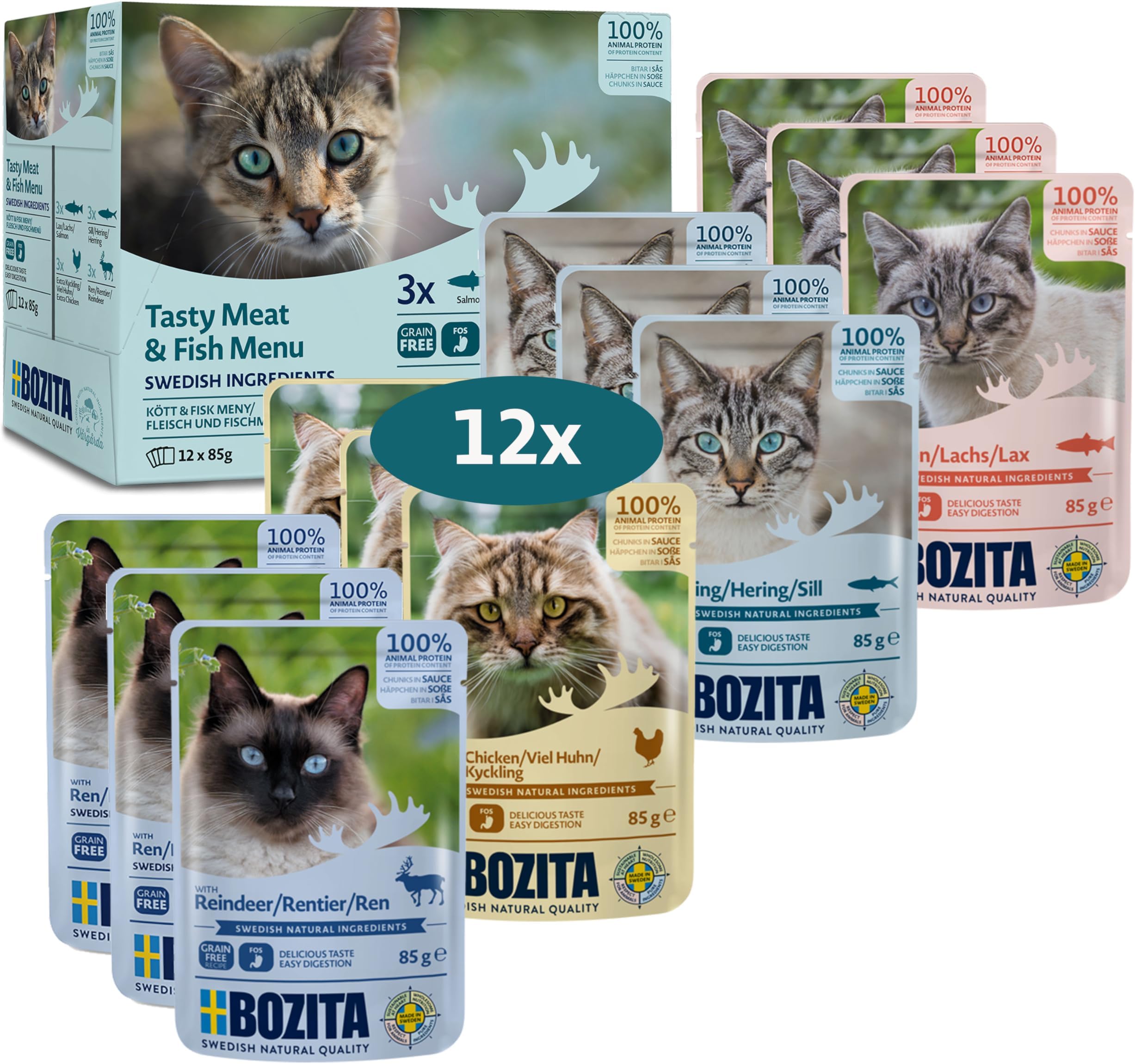 BOZITA Multibox Mixpack Salmon, Herring, Lots of Chicken, Reindeer - Appetizers in Sauce 12 x 85 g Pouch Portion Bag - Grain-Free Wet Food for Adult Cats