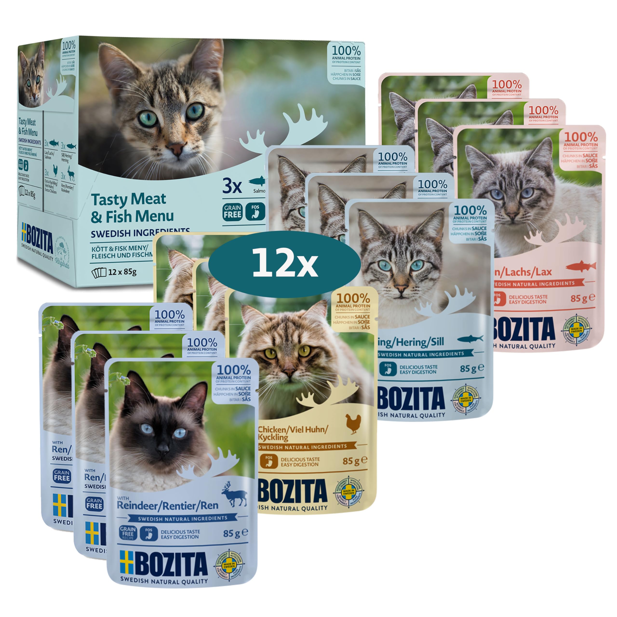 BOZITA Multibox Mixpack Salmon, Herring, Lots of Chicken, Reindeer - Appetizers in Sauce 12 x 85 g Pouch Portion Bag - Grain-Free Wet Food for Adult Cats
