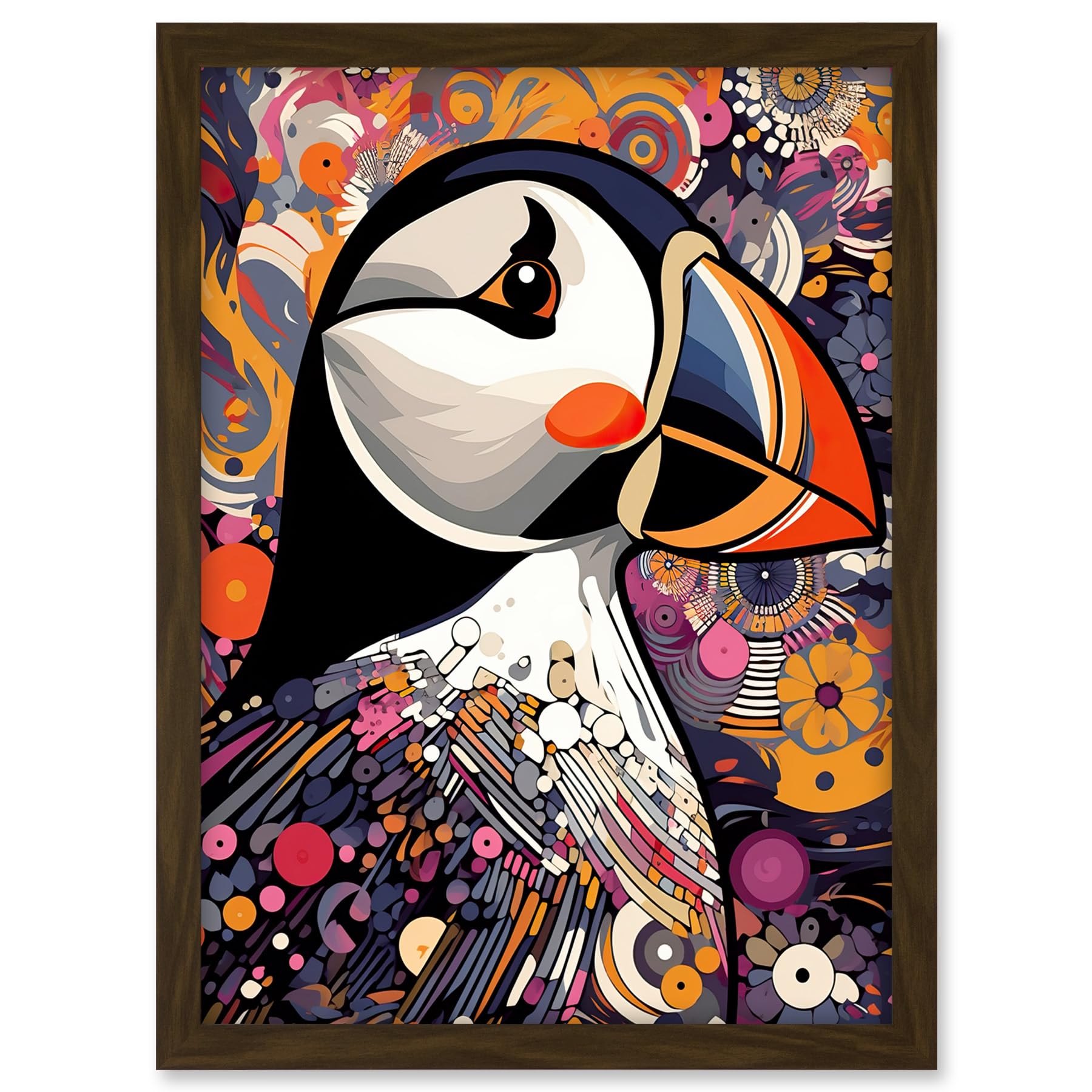 Artery8 Puffin Bird Geometric Patterns Colourful Busy Bright Psychedelic Modern Maximalist Artwork Framed A3 Wall Art Print