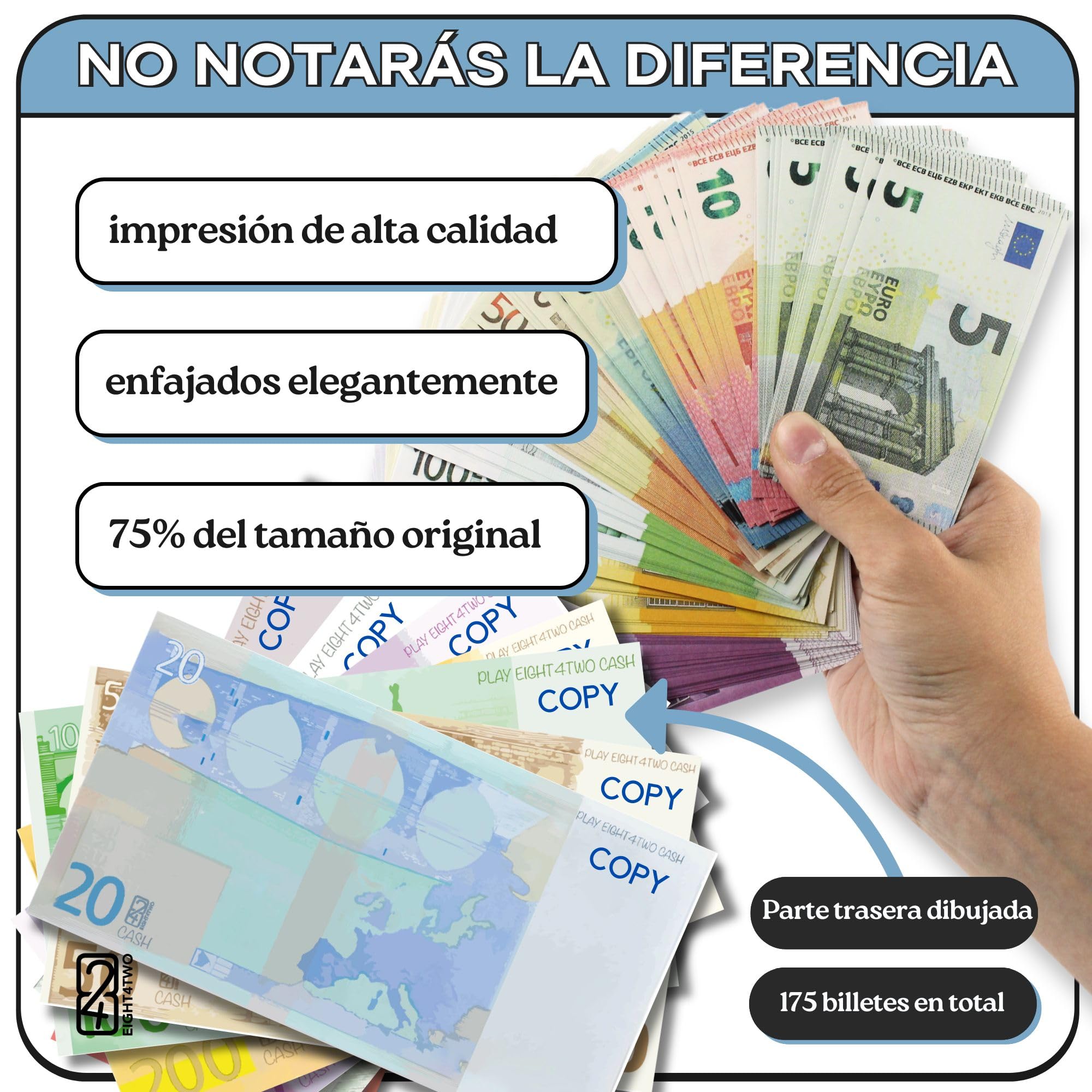 EIGHT4TWO® 175 Piezas de Dinero Juguete - Billetes de 5, 10, 20, 50,100, 200, 500 con tamaño al 75% - (25x7).