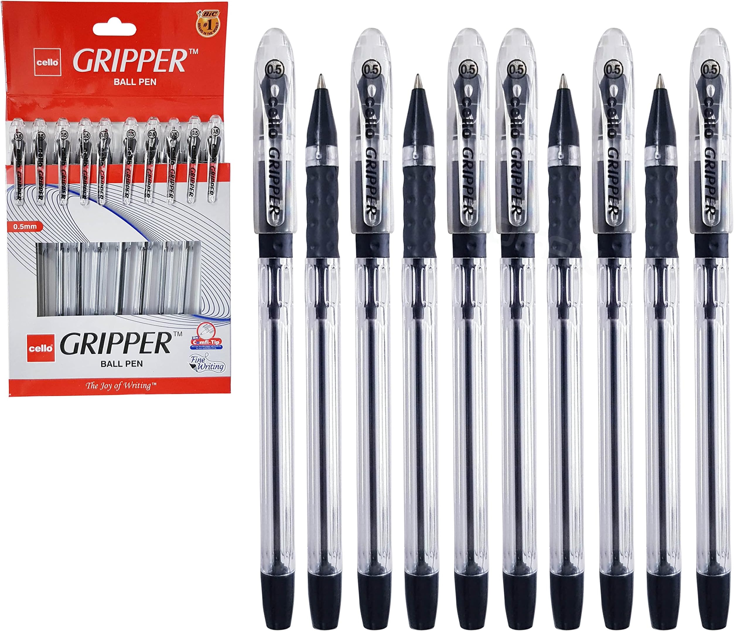 BLACK Ballpoint Pens, Gripper, BLACK, 0.5mm Fine Point, Pack of 10, Elasto Grip Smooth Writing