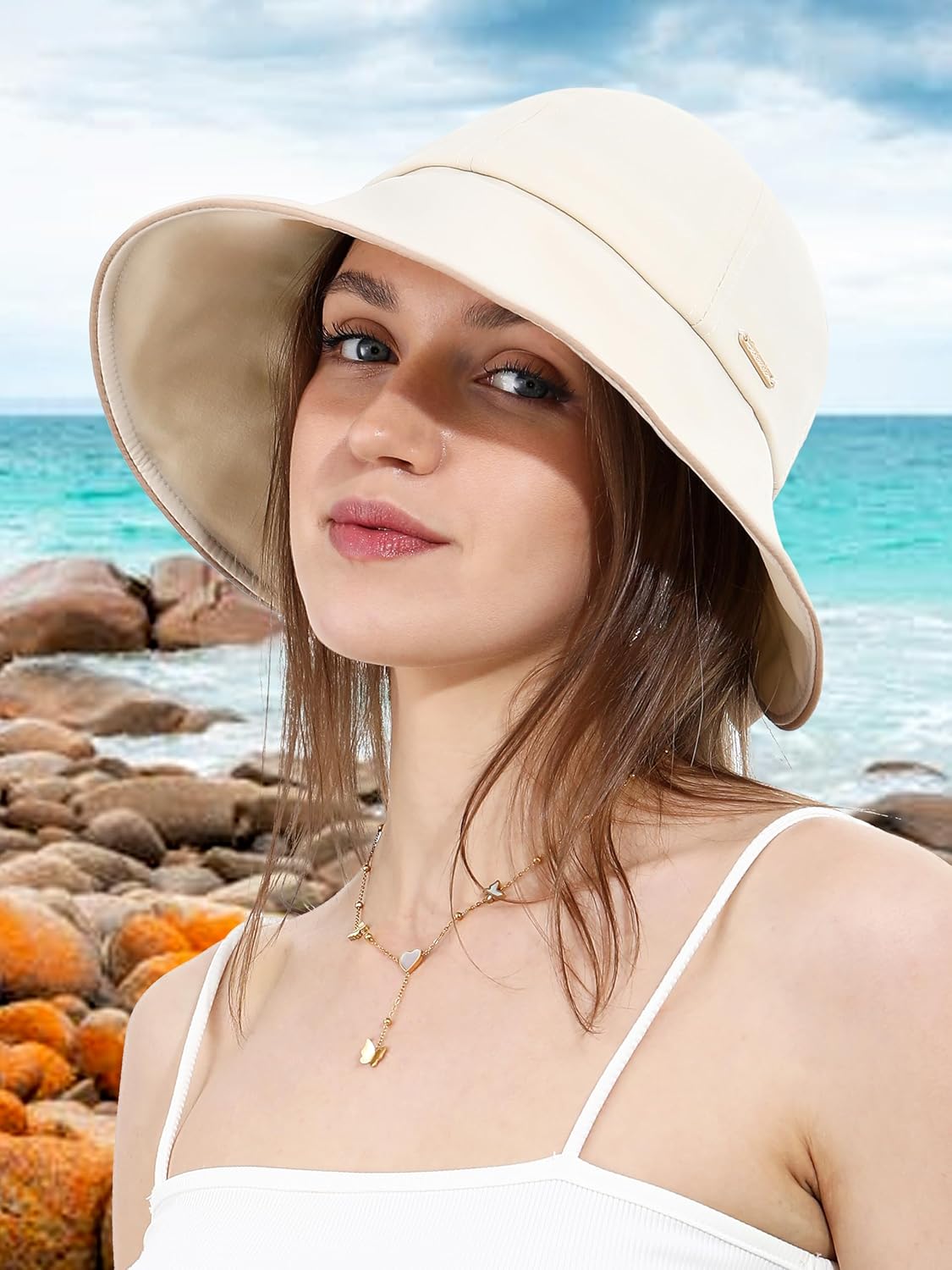 Sun Hat for Women Wide Brim Bucket Hats with Bow Ponytail Hole UV Protection Beach Cap for Summer UPF 50+ - Image 8