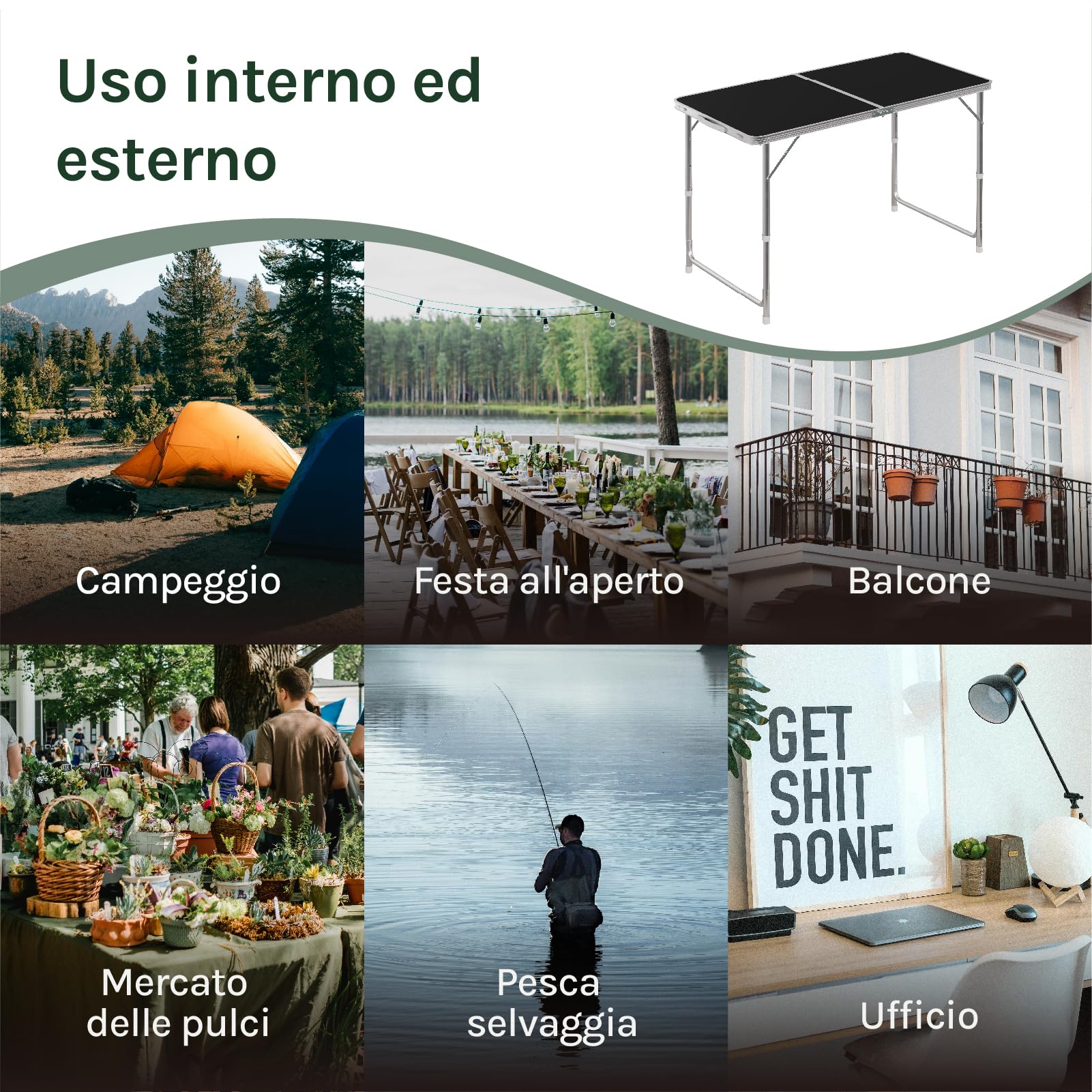 WOLTU Tavolo da Campeggio Pieghevole Portatile con Maniglia per Picnic Giardino Altezza Regolabile in Alluminio MDF 120x60x55/70cm