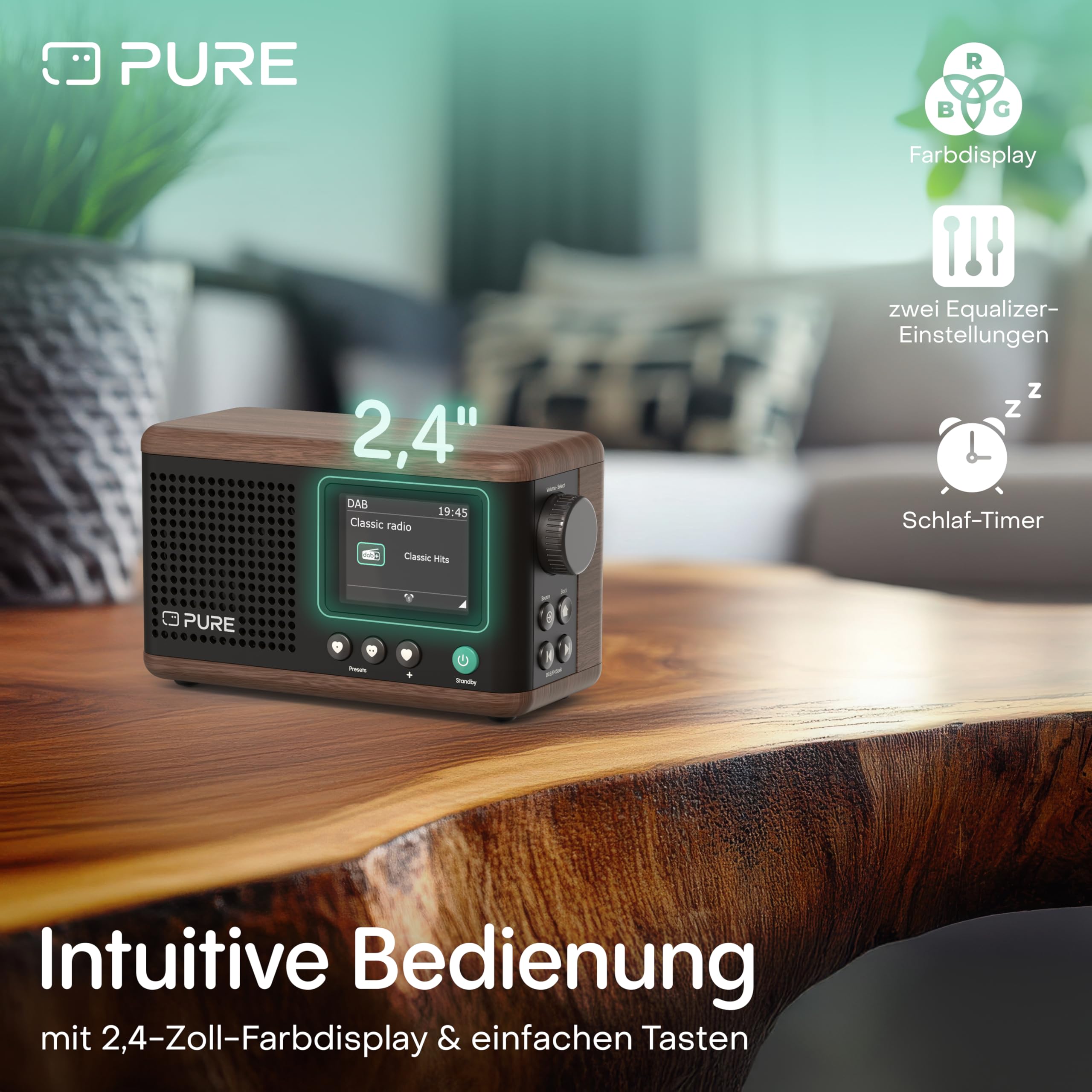 Pure Classic Mini tragbares Digitalradio mit DAB+ & UKW, Bluetooth 5.3, 15h Akku, 5W Lautsprecher, 2.4'' Farbdisplay und USB‑C – kompakter Lautsprecher für Zuhause & unterwegs Baumwoll Weiß/Eiche