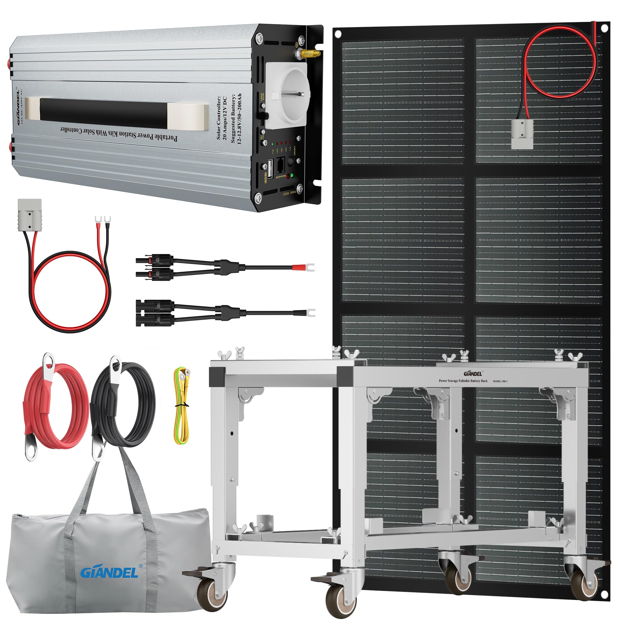 GIANDEL 1200W 12V tragbare Solarstromsystem-Kits, Off-Grid-Wechselrichtersystem-Kits: Faltbares Batteriegestell + 1200 W Reiner Sinus-Wechselrichter + 150W Solarpanel + Aufbewahrungstasche
