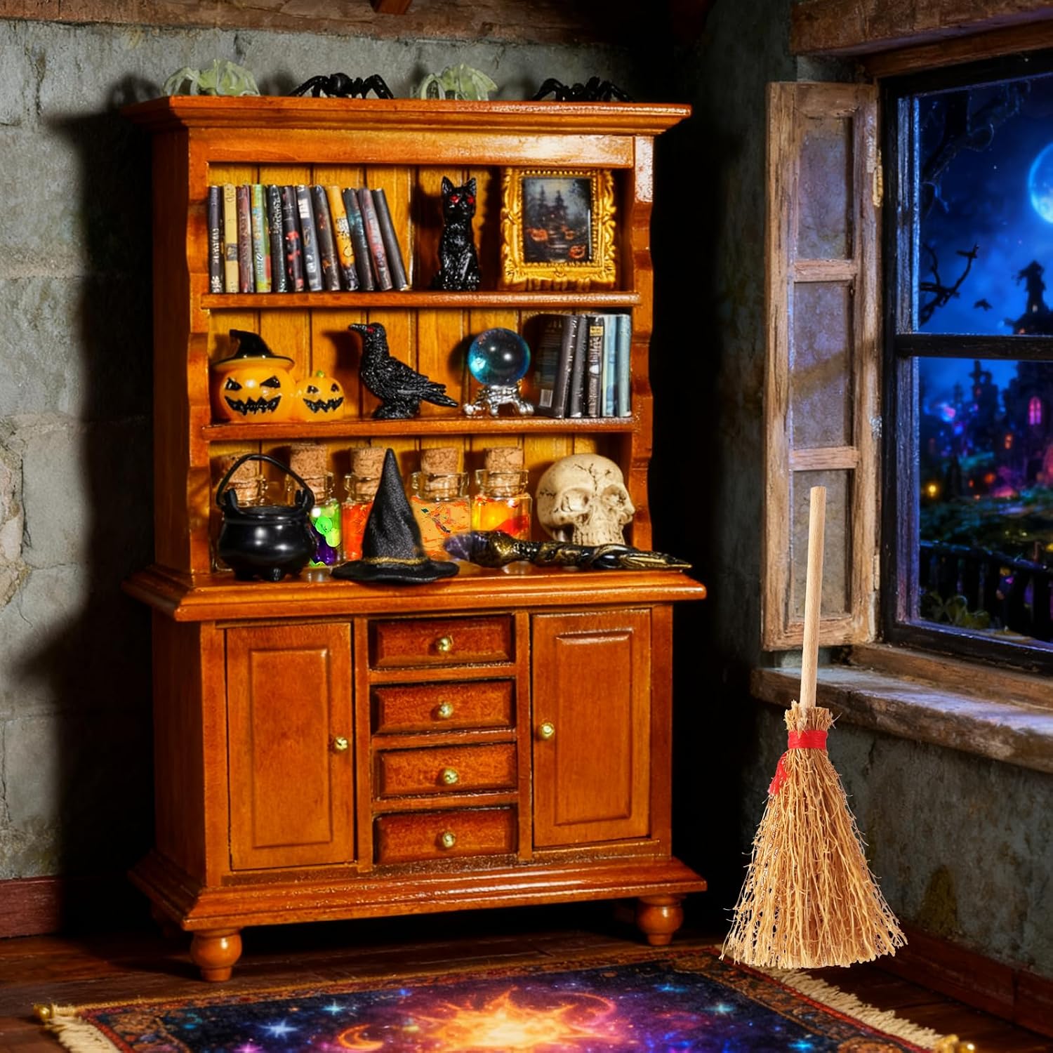Rileryan 53 Pcs 1:12 Scale Magic Witchy Mini House Halloween Miniatures | Mini Wooden Furnitures Bookshelf Bookcase 30 Mini Books Halloween Decoration