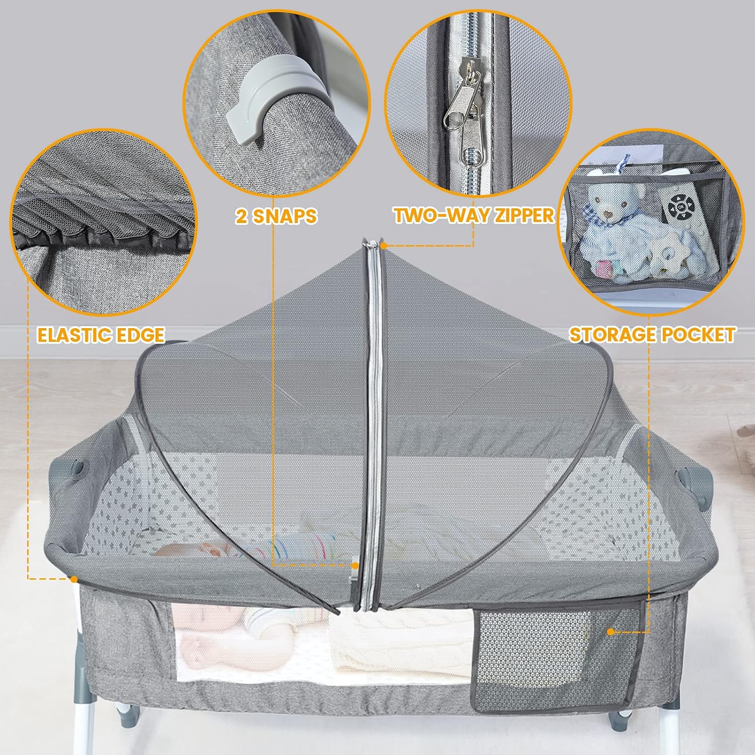 Orzbow Bassinet Cover for Cats - Breathable Mosquito Net Cover for Bassinets/Travel Cribs/Mini Cribs, Baby Mosquito Net to Keep Pets Out, with Two-Way Self-Locking Zippers and Storage Bag, Grey image 5