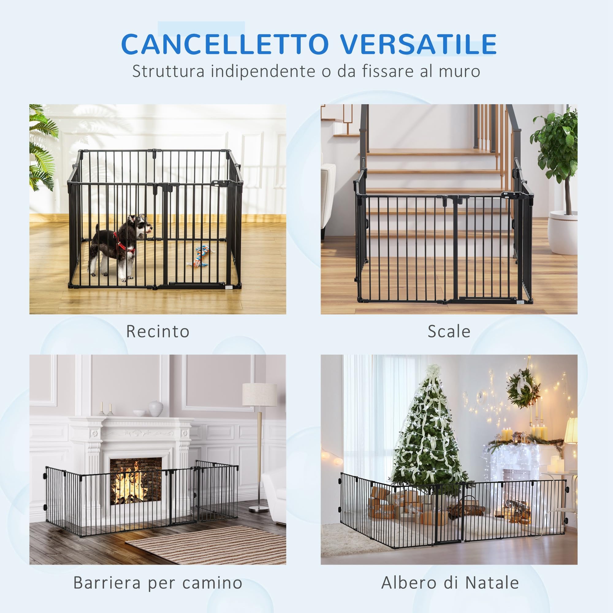 PawHut Cancelletto di Sicurezza Pieghevole 8 Sezioni, Cancellino Barriera per Cani in Acciaio, Sistema di Blocco e Chiusura Automatica, Nero