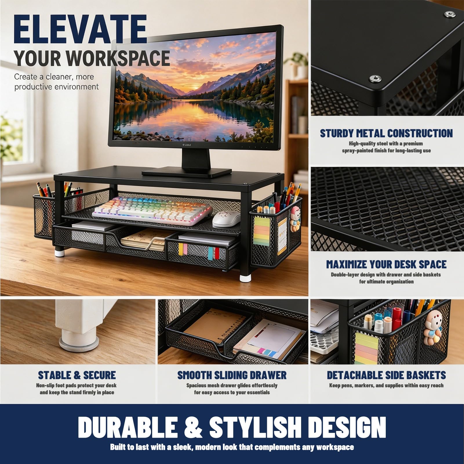 Rialzo per monitor, supporto ergonomico per monitor con cassetto e 2 portapenne, organizer da scrivania per schermo laptop, supporto da scrivania come accessorio da ufficio per postazione di lavoro e