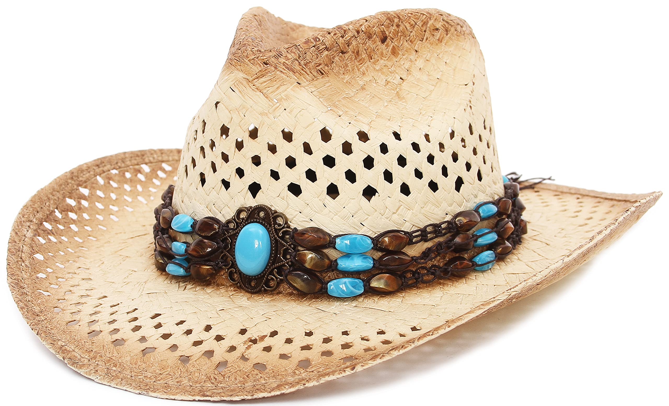 Photo 1 of *USED BUT LIKE NEW* La Vogue Straw Cowboy Hat Bend Brim Fedora Hat Faux Turquoise Belt Brown