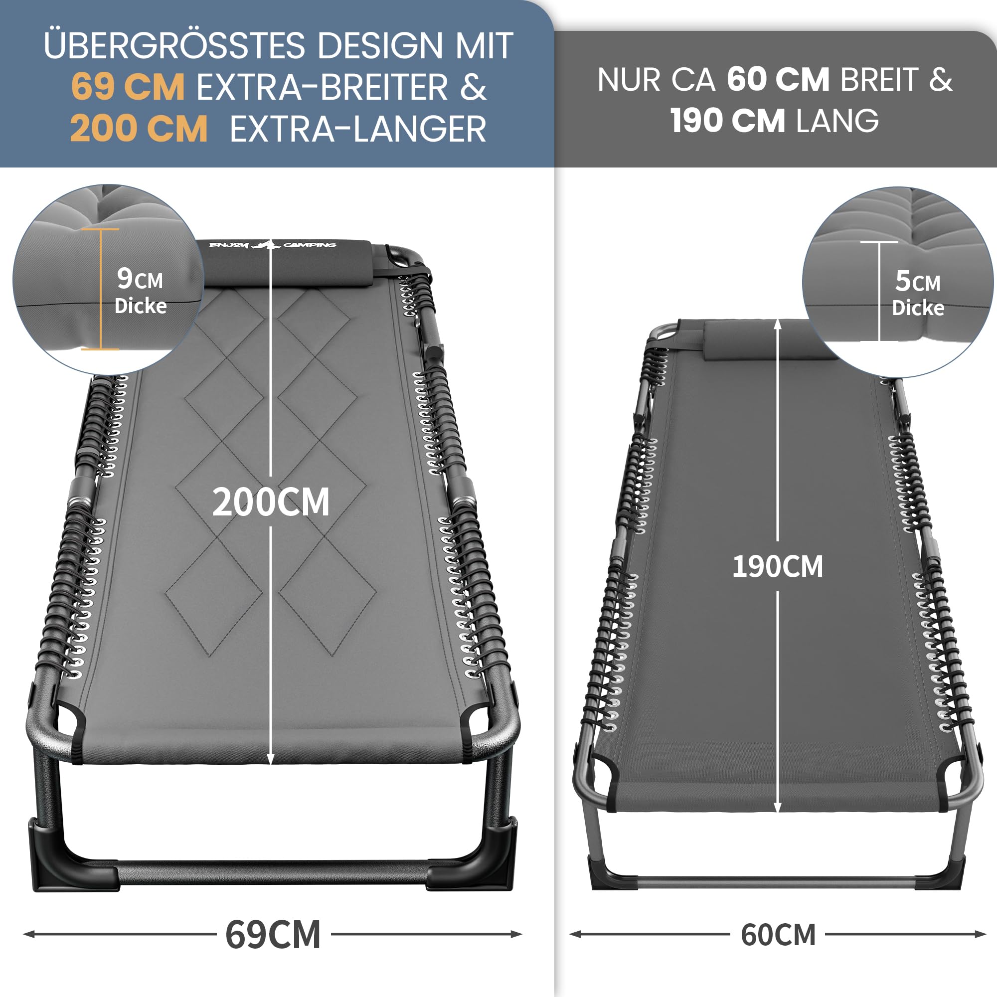UDPATIO Camping Betten Feldbetten Klappbar, Liegestuhl Mit Auflage Polster, Gartenliege mit Verstellbarer Rückenlehne, Strandliege Campingliege für Outdoor Camping Grau