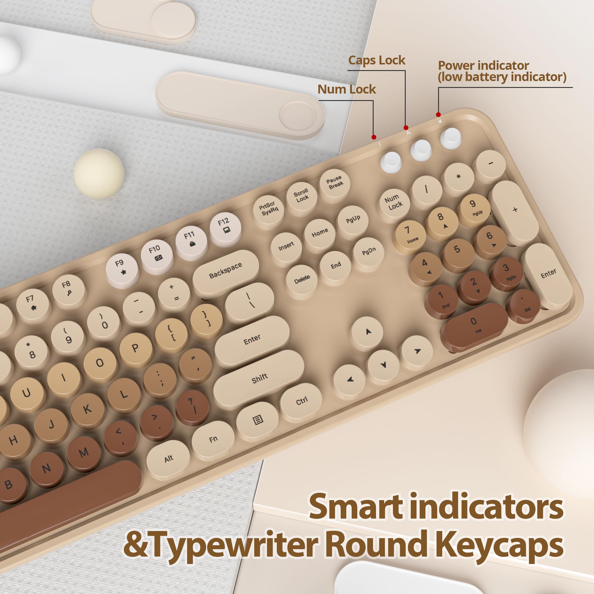 SOLIDEE Ensemble Clavier et Souris sans Fil - Clavier de Machine à écrire avec Touches Rondes, 2.4GHz, Pavé Numérique, 104 Touches (Américain QWERTY) (Mixed Coffee)