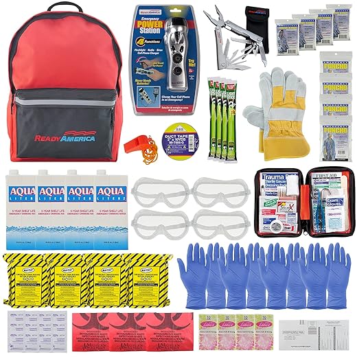 Ready America 72 Hour Deluxe Emergency Kit, 4-Person 3-Day Backpack, First Aid Kit, Survival Blanket, Power Station, Emergency Food, Portable Disaster Preparedness Go-Bag for Earthquake, Fire, Flood