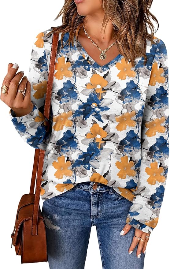 ONLYSHE Women's Casual Striped Long Sleeve Tops Crew Neck Knit Basic Loose Fit T Shirts Fall Fashion Tunic Outfits