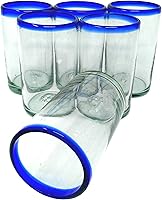 Vista 5 de Dos Sueños Hand Blown Mexican Drinking Glasses - Set of 6 Glasses with Cobalt Blue Rims (14 oz each)