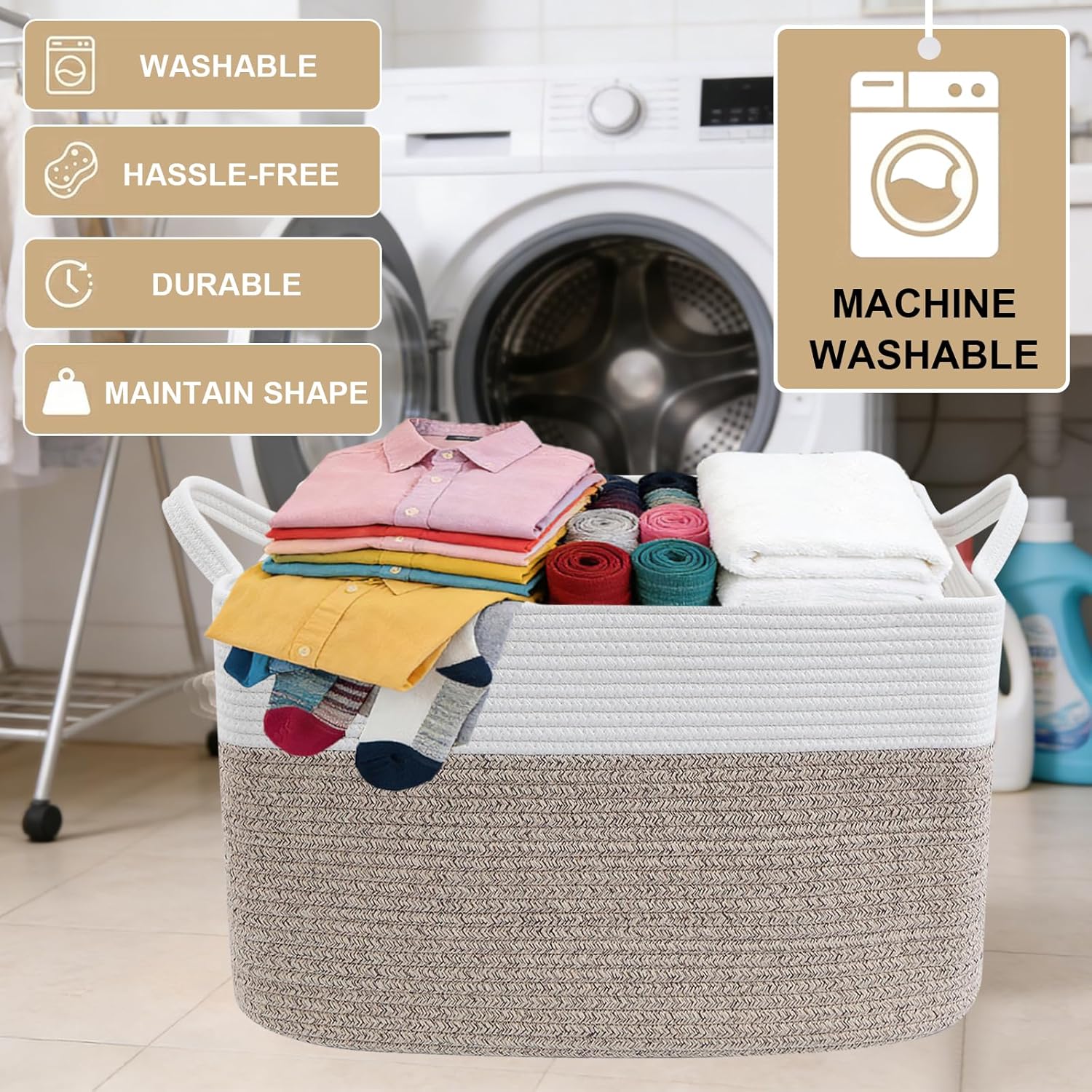 96L Large Blanket Basket,24"x16"x15"Rectangle Storage Bin with Handles,Woven Rope Laundry Basket for Toys, Clothes,Magazines,Home Organization,Nursery,Living Room & Bedroom,White & Brown