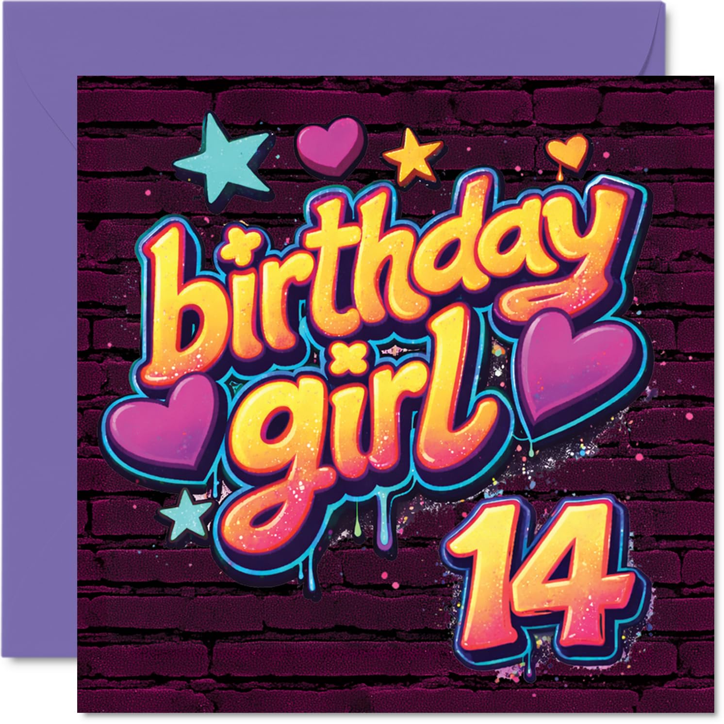 Playful 14th Birthday Card - Vibrant Graffiti Vibes - Stars, Hearts and Bold Colours Light Up the Party - A Lively Splash for Their Big Day - 145mm Square, Envelope Included