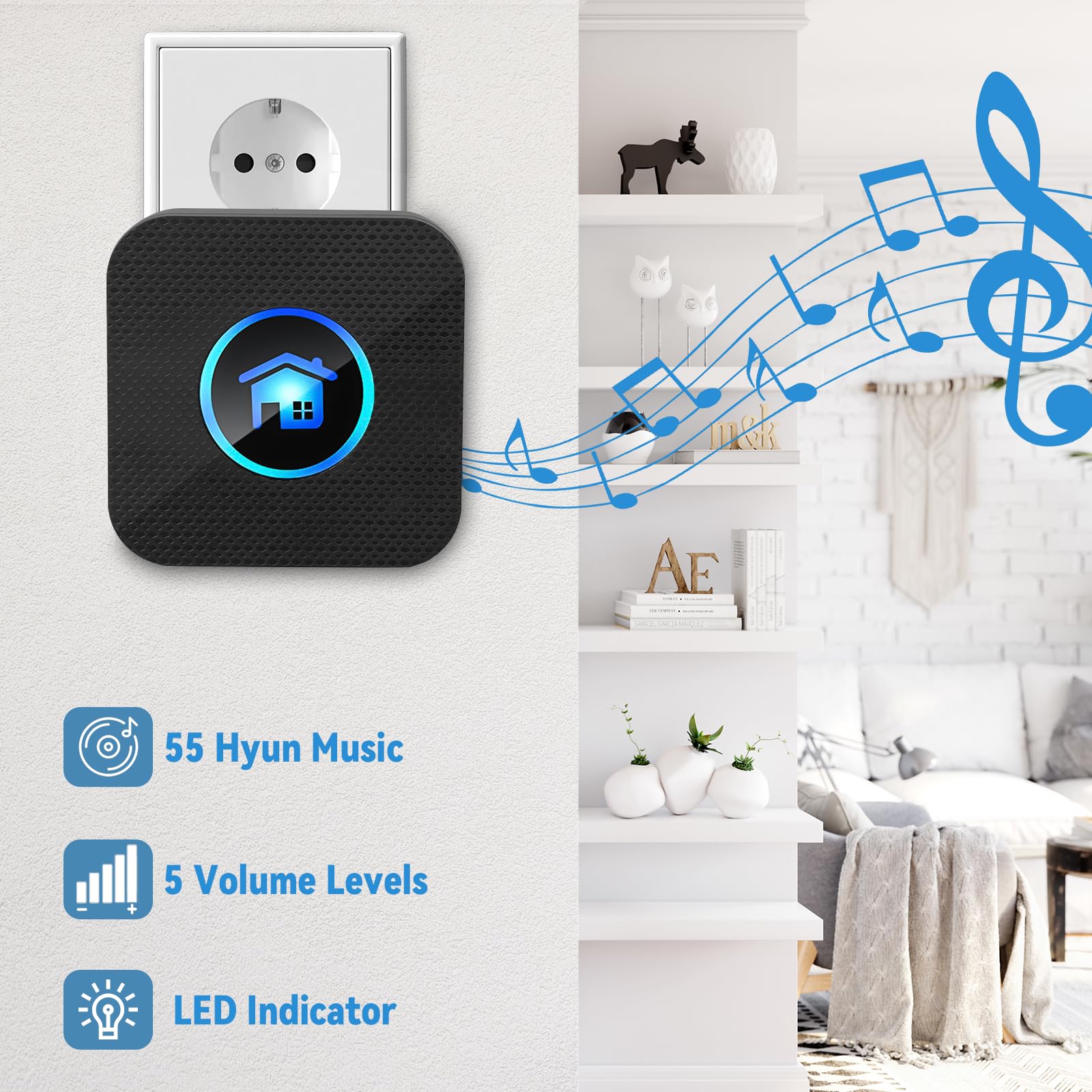 Wireless Doorbell, Bell Butt, IP65 Wodoodporne drzwi z 2 odbiornikami wtycznymi, regulowaną głośnością, 5 poziomów głośności, 55 melodii, zakresu 400 m, czarny