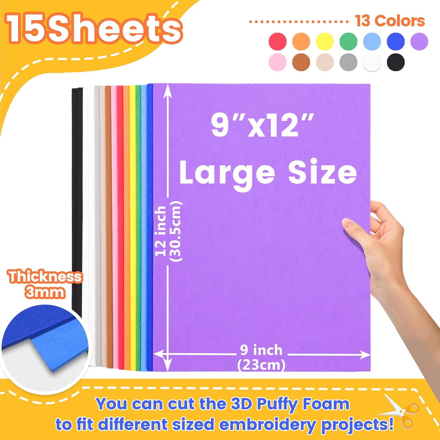 New brothread - 15 Options- 15PCS Embroidery Puffy Foam 9″x12″ Large Size 3MM Creating 3D Embroidery Effect for Caps, Garments, Jackets, Bags, Backpacks and More - Multi Colors