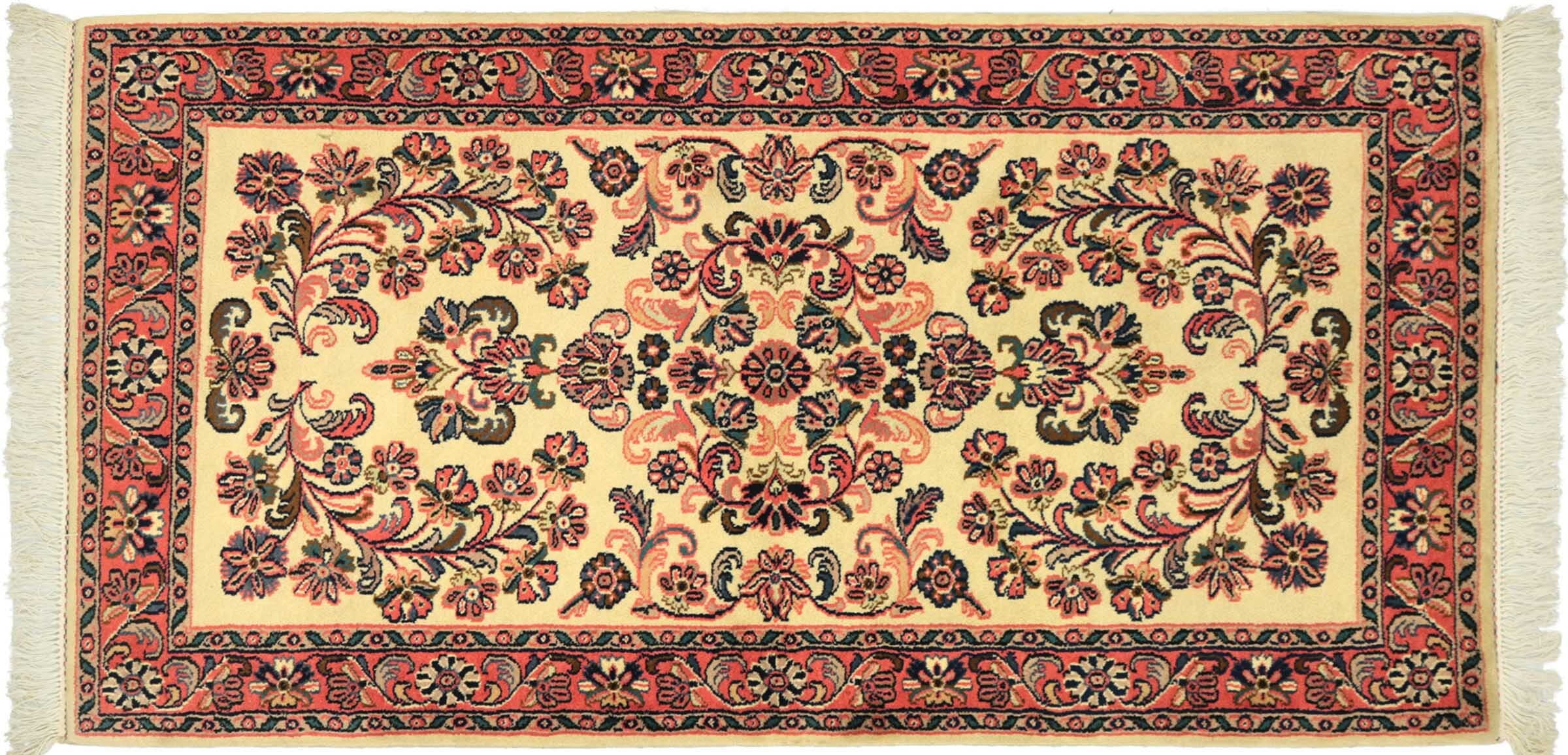 Tapis en laine Sarough beige floral 90 x 160 cm pour isoler un sol froid