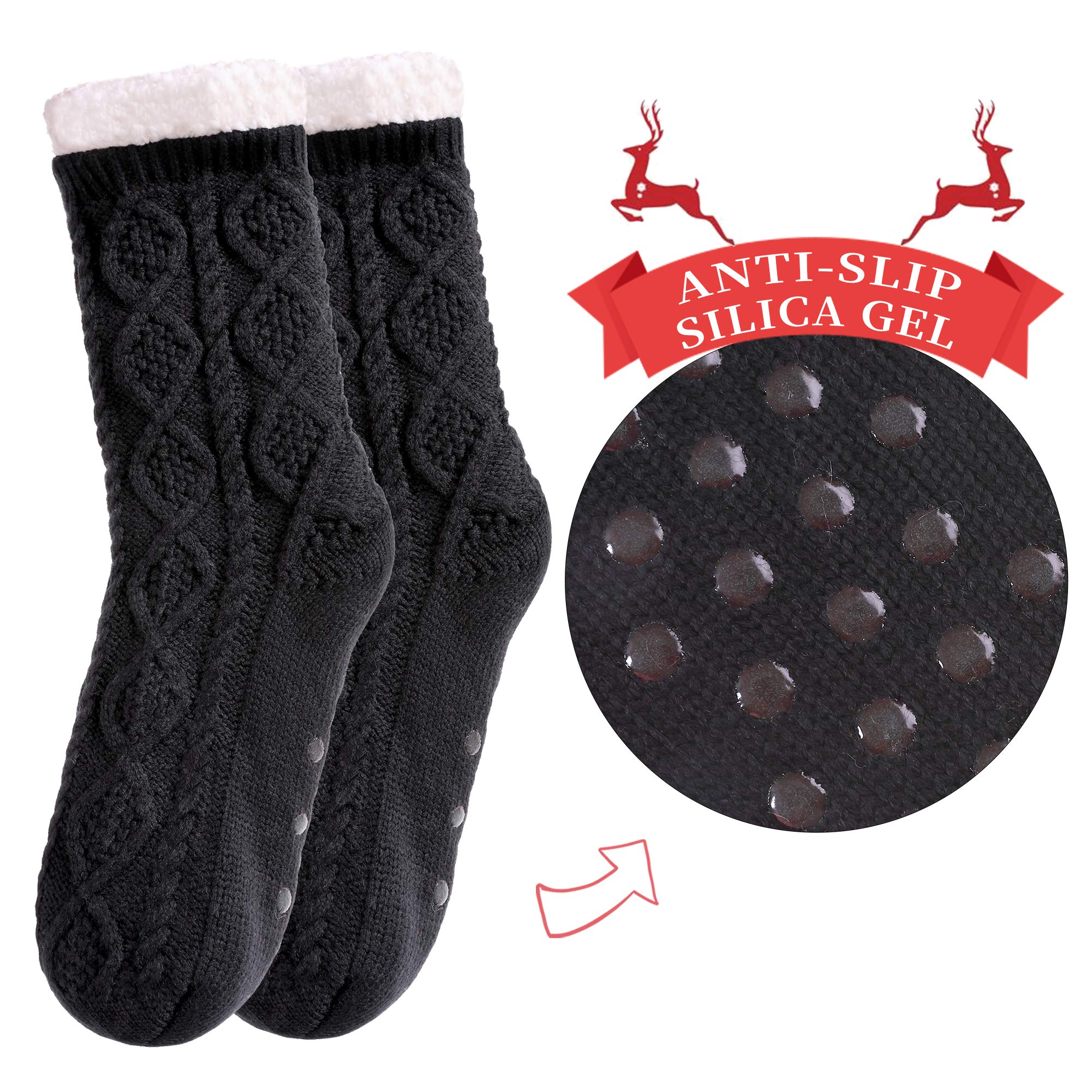 SDBING Women's Winter Super Soft Warm Cozy Fleece Lined Fuzzy Slipper Socks with Grippers: 6-10 Black a