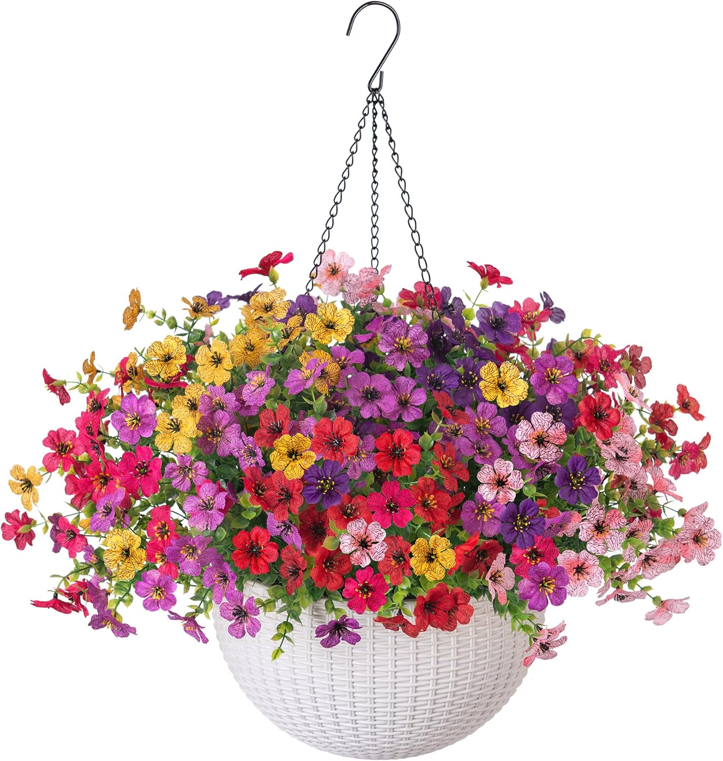 Artificial Faux Hanging Flowers Plants Basket for Outdoor Outside Decoration, Fake Silk Colorful Daisy in Planter for Porch Patio Garden Yard Home