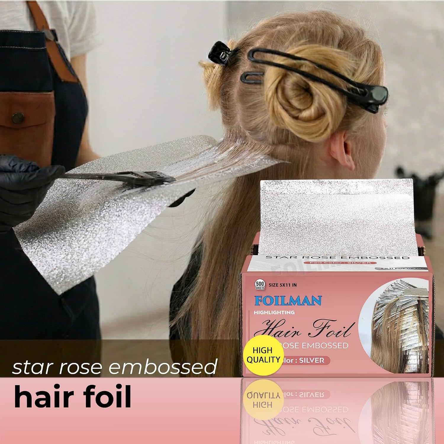Foilman Pre-Cut Silver Pop-Up Hair Foil, Star Rose Embossed Foils for Highlighting, Aluminum Hair Foil Sheets - 5 x 11 Inch- 2 Pack (1000 Sheets) image 2