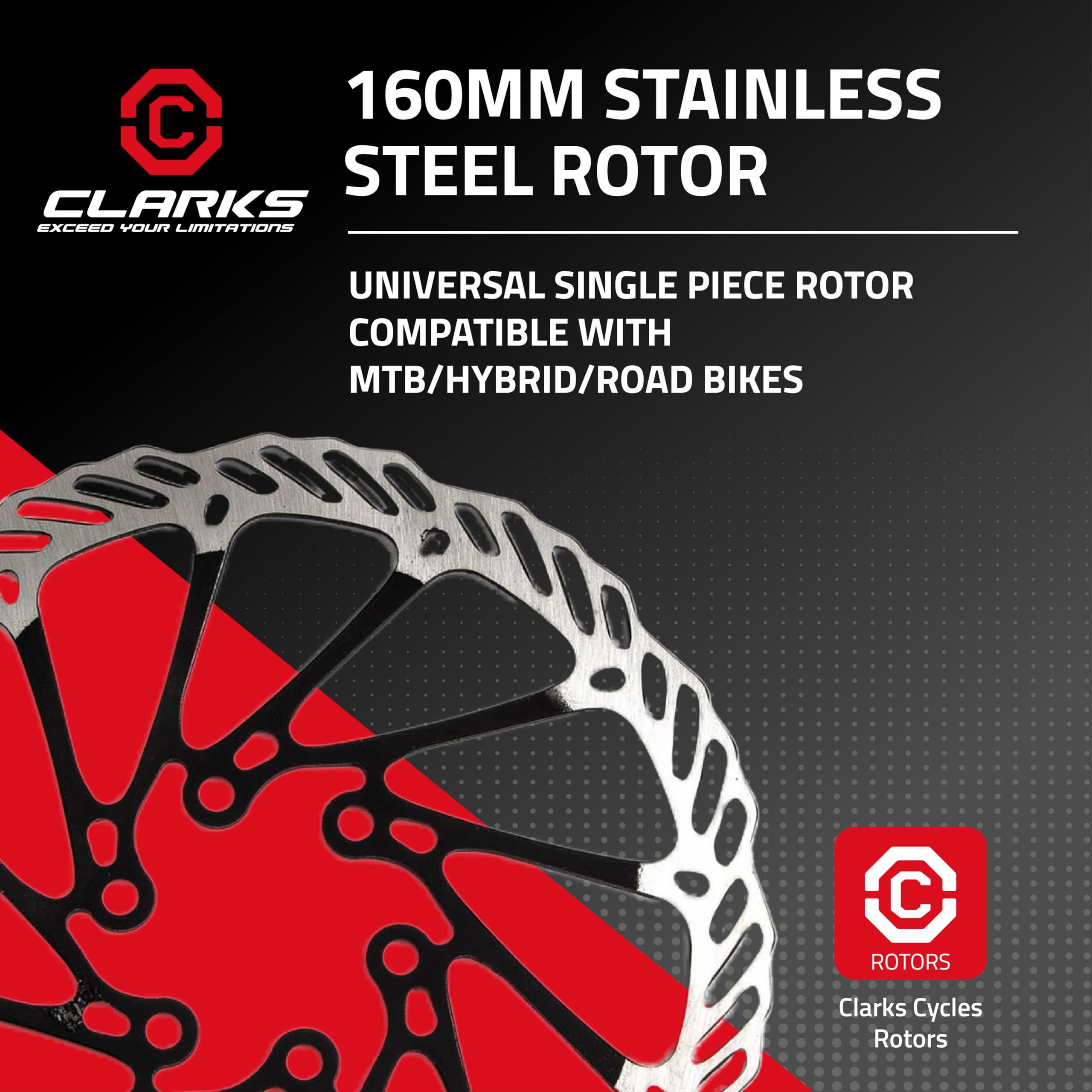 Clarks 160mm Rotor - Universal Single Piece Stainless Steel Floating Rotor for Brake Systems on Mountain Bikes (MTB), Hybrid and Road Bikes, Black