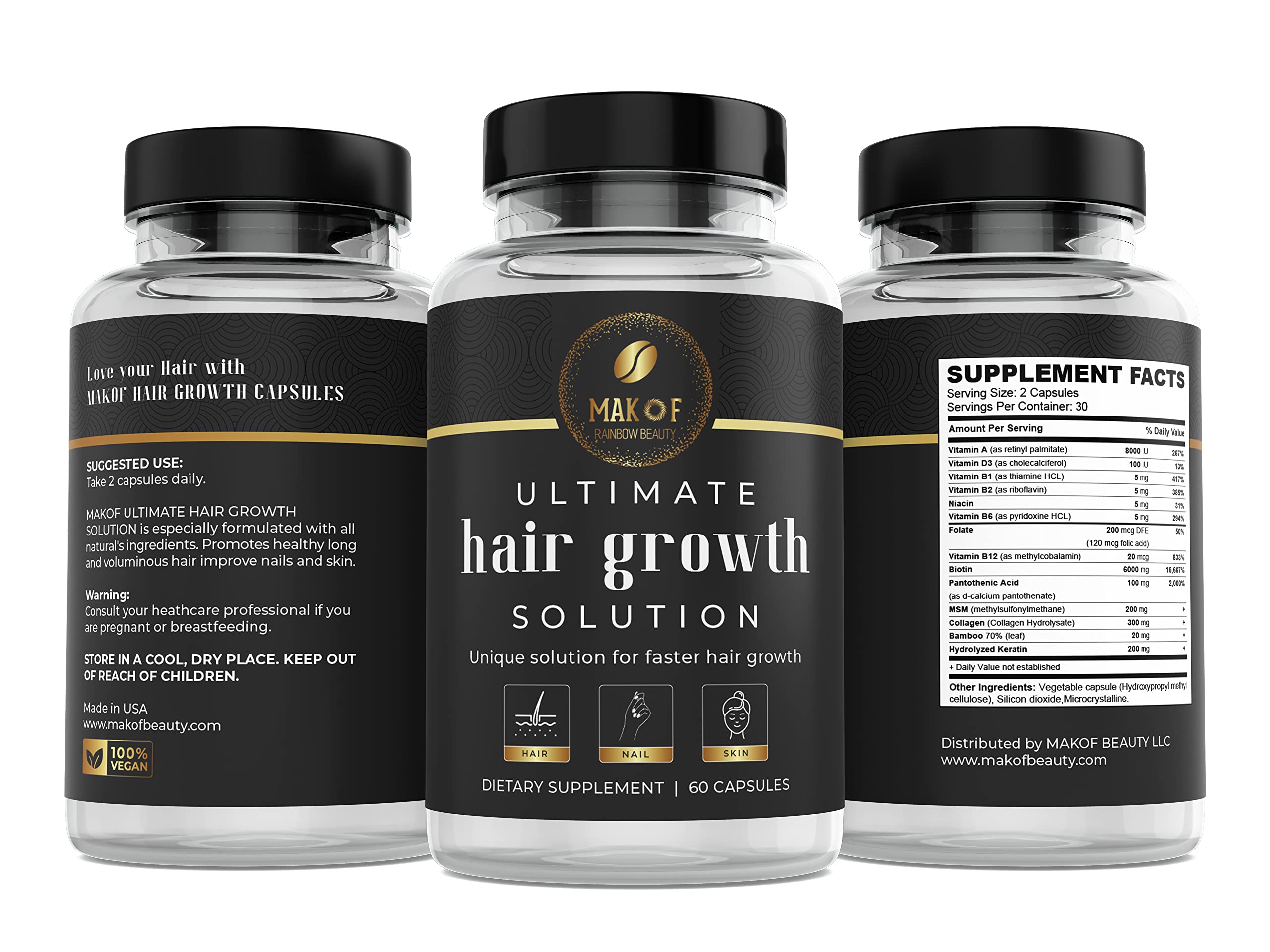 Hair Growth Supplement for Women,Thicker, Fuller, Stronger Hair. Promotes Massive Regrowth. Anti-Hair Loss Treatment, 1 Month Supply, 100% Vegan